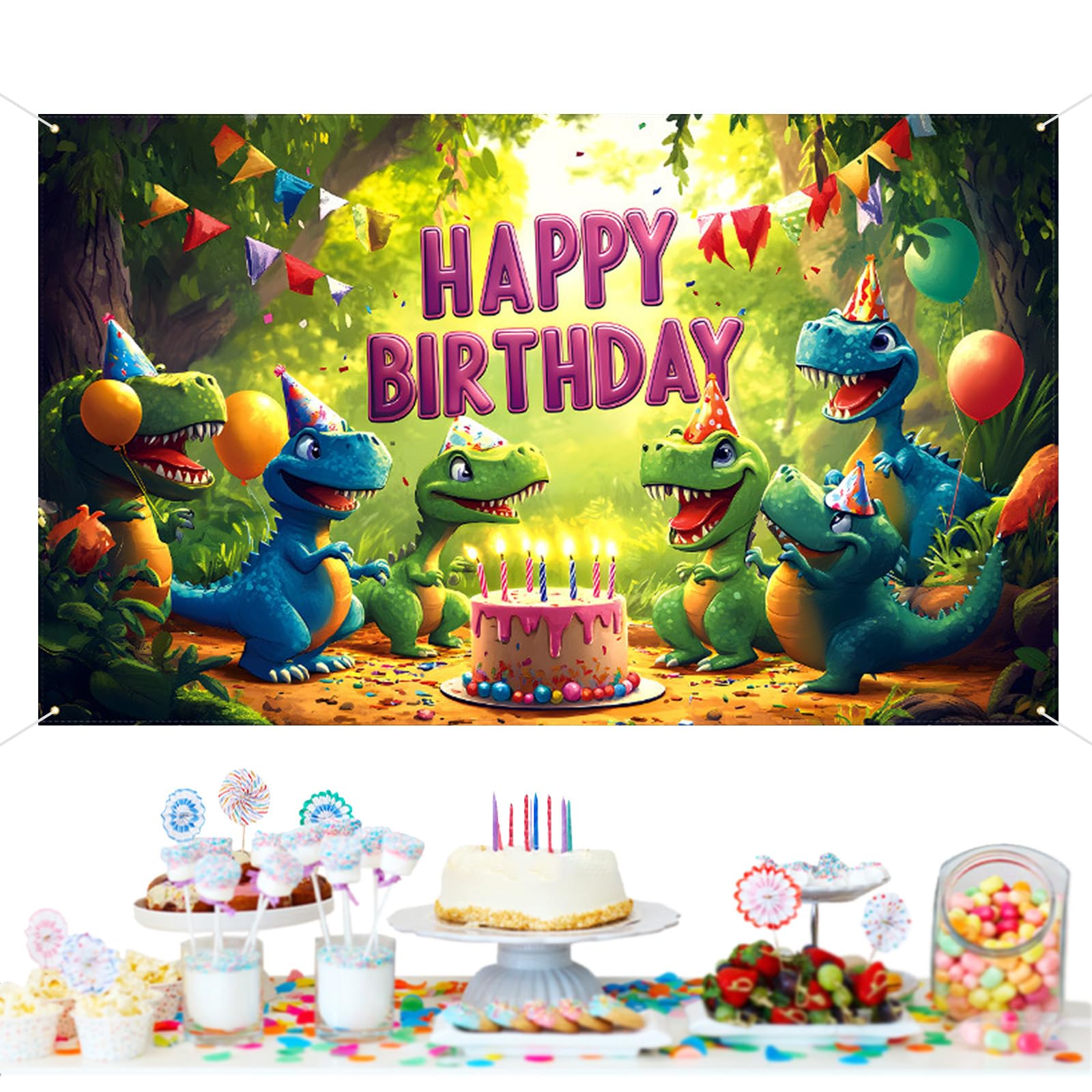 KASESSS 5.9×3.8ft Dinosaur Birthday Banner Backdrop for Boys, 180×115cm Cartoon Jungle Dinosaur Party Decorations Background, Reusable Birthday Banners for Kids Birthdays Party Supplies Photo Props