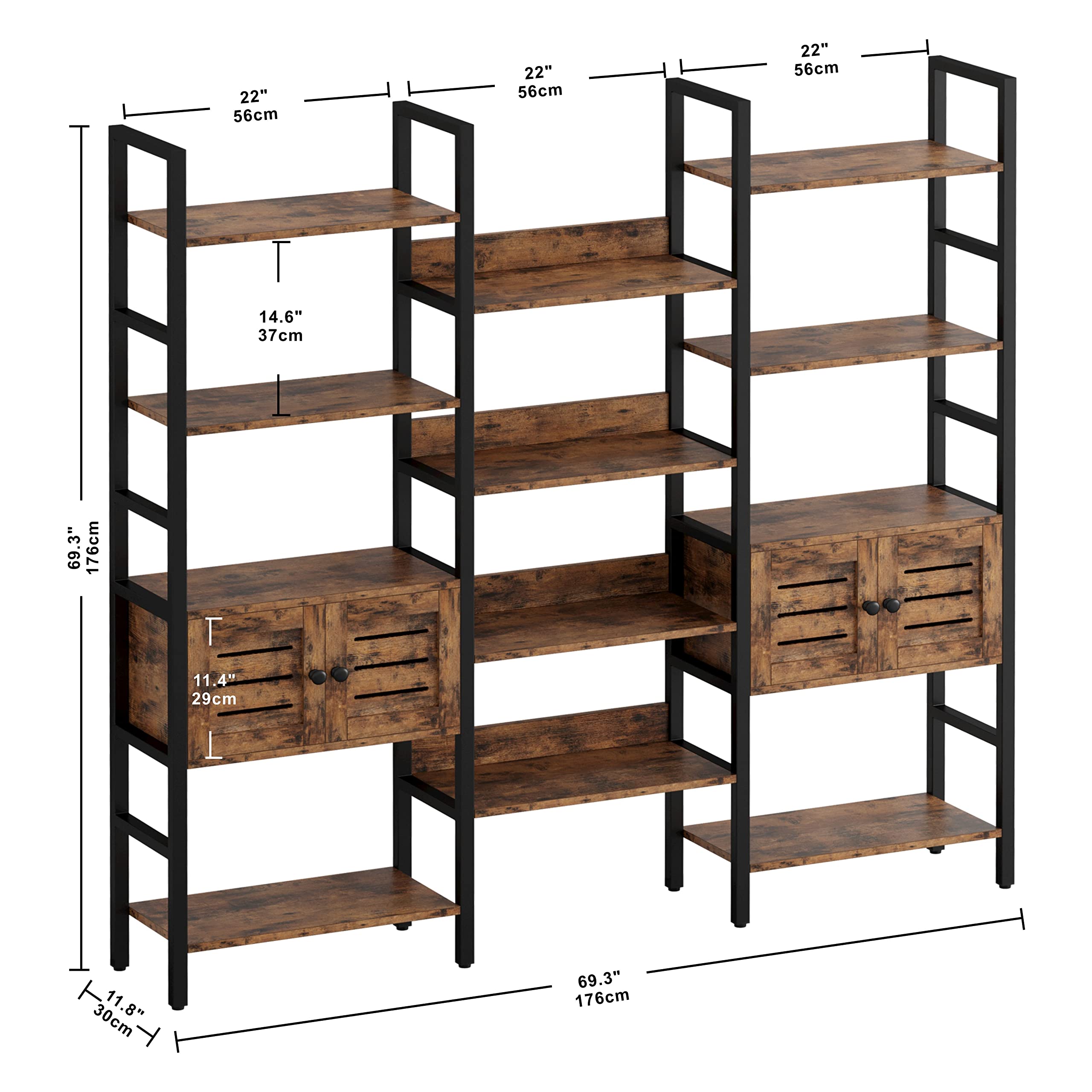 IRONCK Industrial Bookshelf and Bookcase with 2 Louvered Doors 5 Tiers Triple Wide Display Shelf with Storage Cabinet for Living Room Home Office