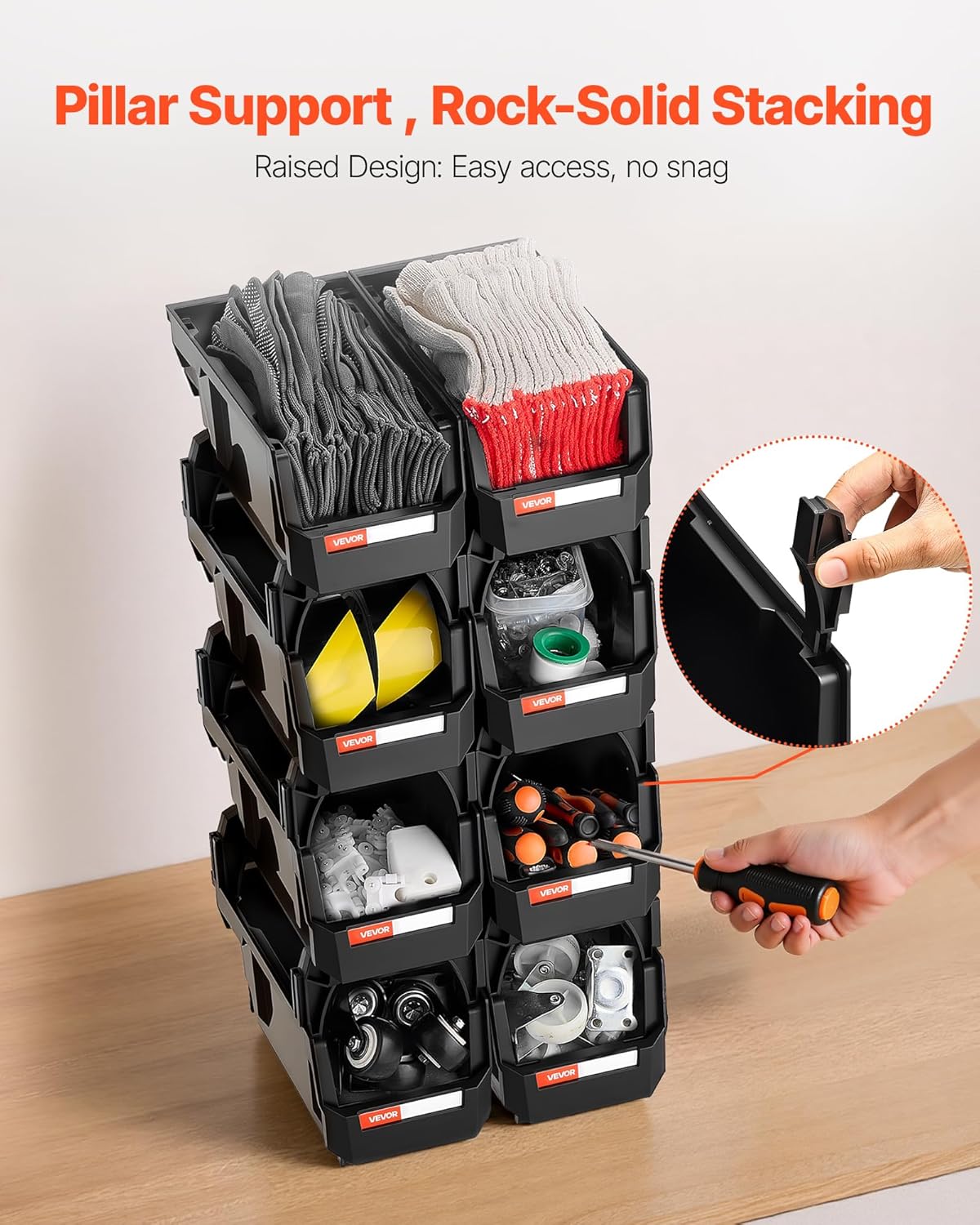 VEVOR Plastic Stackable Storage Bins, 10.9 x 5.5 x 5.1 inch (8 Pack), Plastic Containers for Organizing and Storage Bins for Closet, Garage, Small Parts, Office Supplies and Other Accessories, Black - Image 4