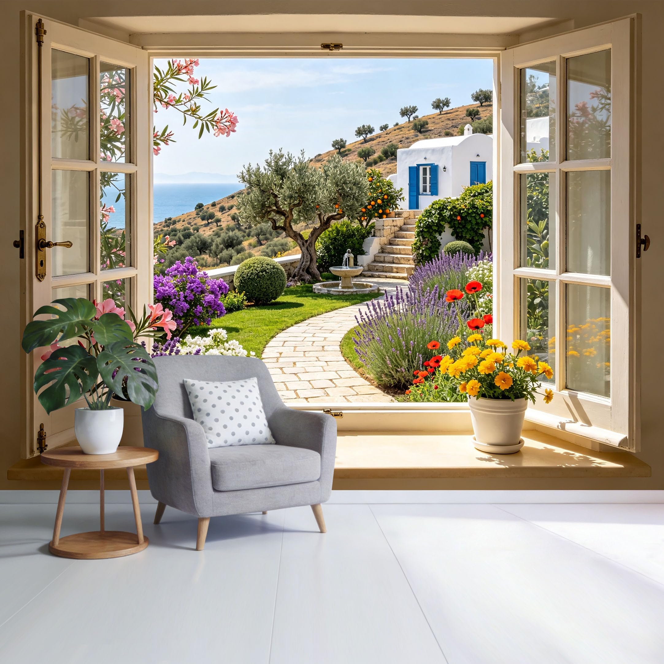 Custom Size Wall Mural Mediterranean Sea View Window with Floral Garden Coastal Landscape 3D Trompe L'Oeil Removable Self Adhesive Fabric Home Wall Decor for Living Room Bedroom Bathroom