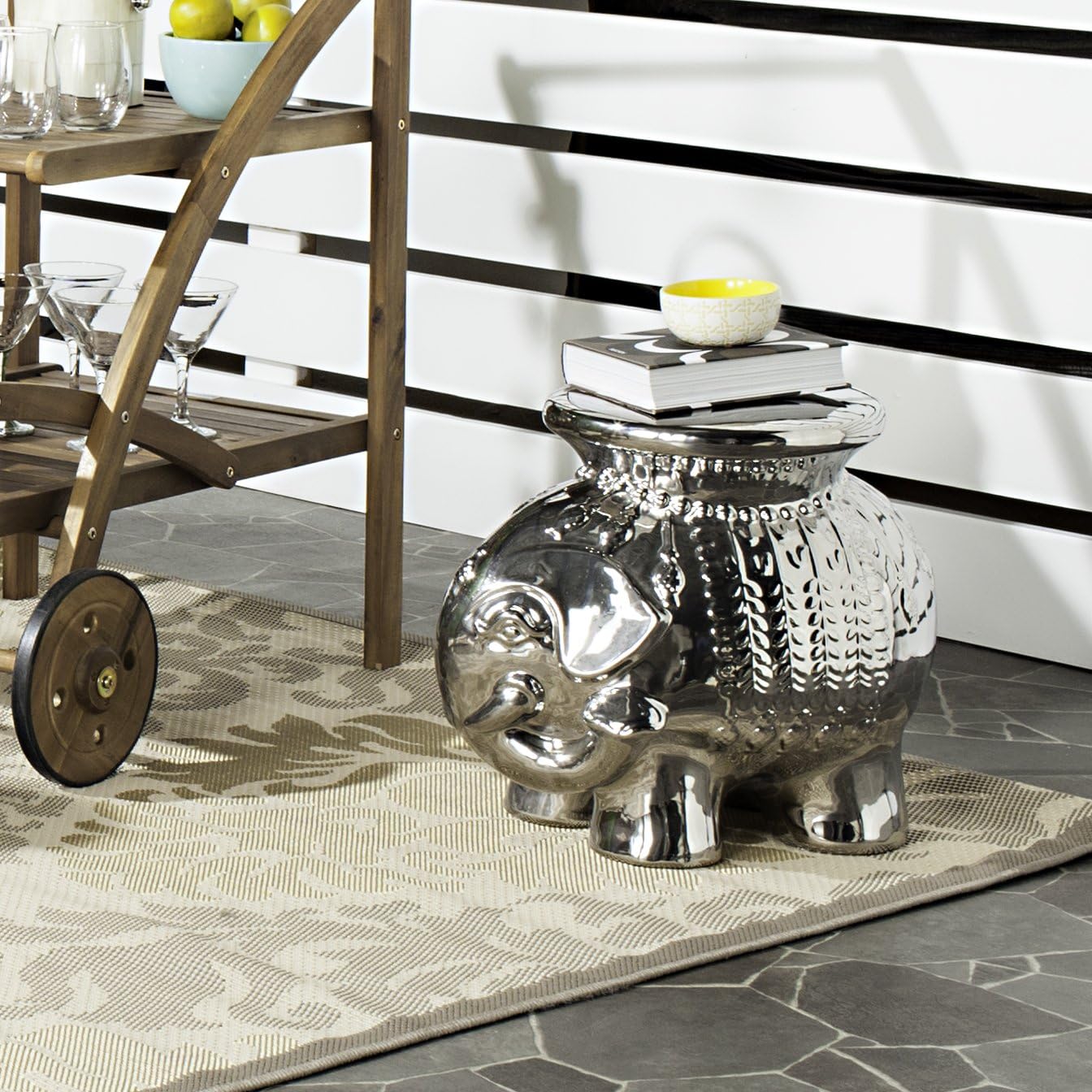 SAFAVIEH Home Collection – Decorative Silver Glazed Ceramic Elephant Garden Stool, Sculptural Indoor & Outdoor Accent (ACS4501E)