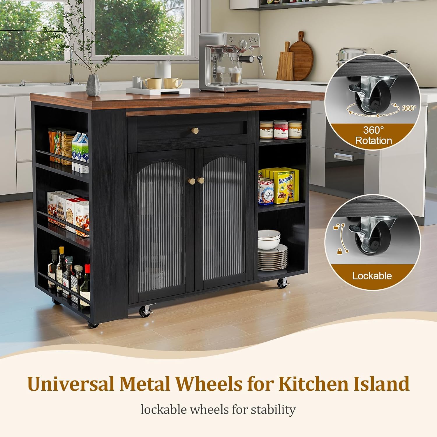 LYNCOHOME 71.1" Rolling Kitchen Island with 360° Rotating Tabletop, Mobile Lockable Wheels & Adjustable Shelves, Multifunctional Storage Cart for Kitchen & Dining（Black）