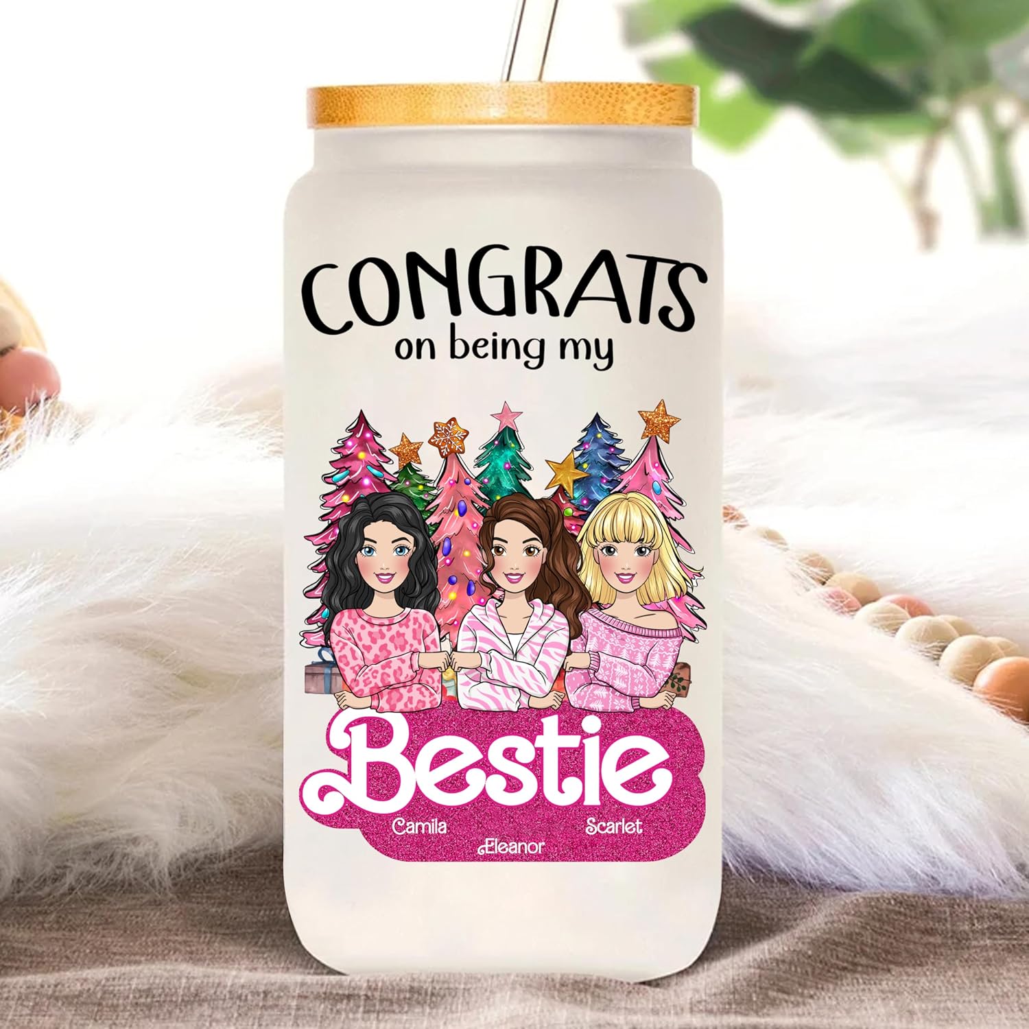 Gossby Personalized 16oz Sister Glass Tumbler with Lid, Straw - Custom Sister Gift from Sister with Design, Names - Birthday, Christmas 3 Sister Best Friend Gift - Congrats on Being My Sisters