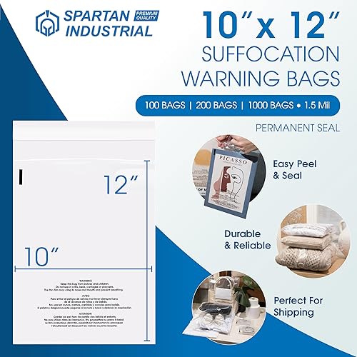 Miniatura 2 de Spartan Industrial - Bolsas de polietileno transparente autosellantes de 10 x 12 pulgadas (100 unidades) con advertencia de asfixia para embalaje,