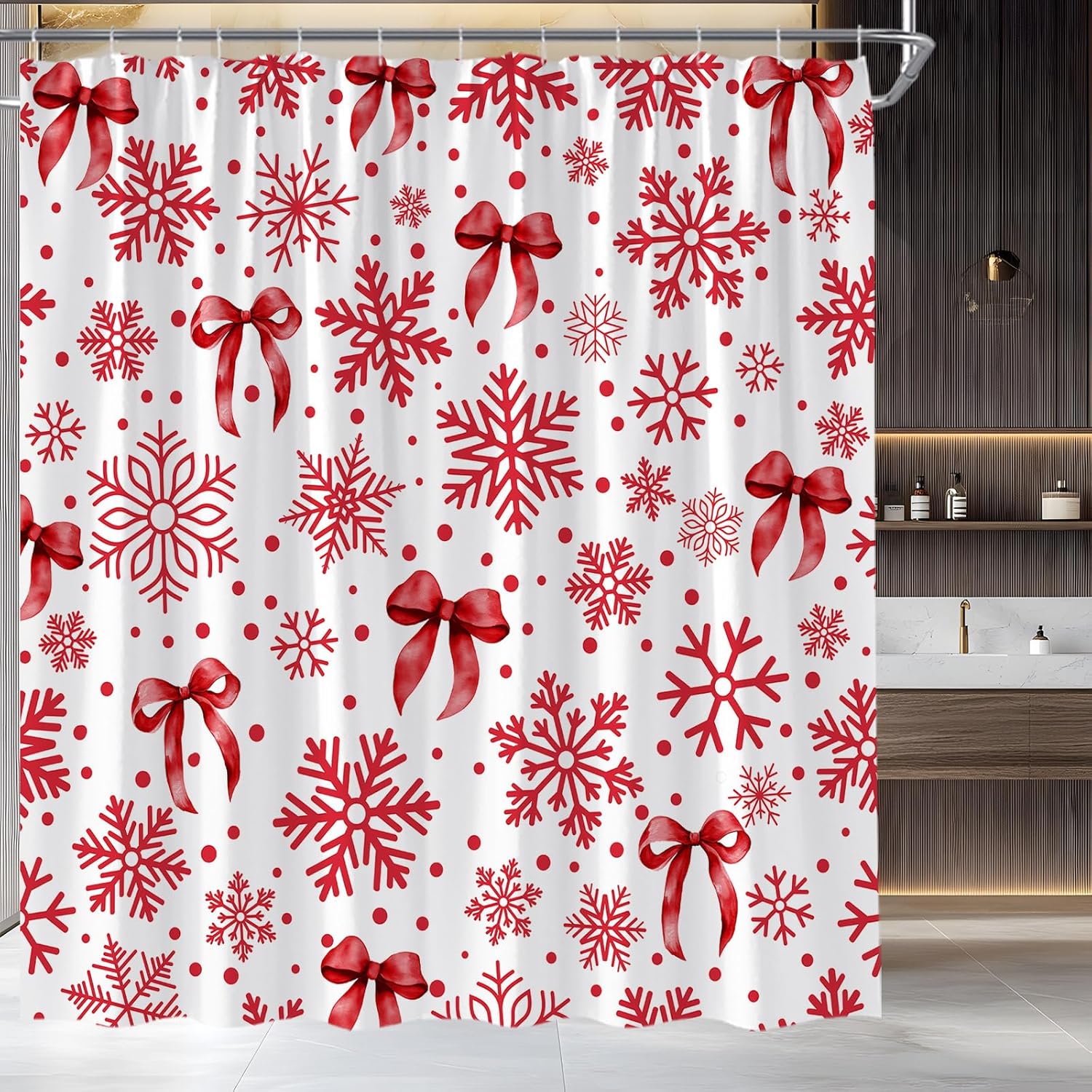 Snowflake Bow Shower Curtain Red Christmas Winter Holiday Cute Girly Aesthetic Polyester Fabric Bathroom Decor Set with Hooks(70" Wx84 H)