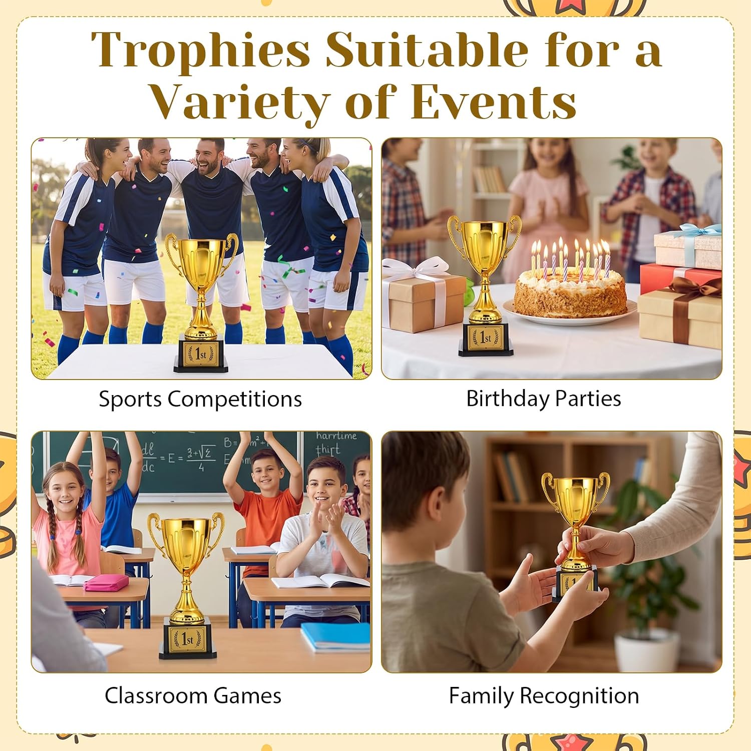 7.5" 1st Place Trophy Award, Gold Cup with Pre-Attached 1st Place Label