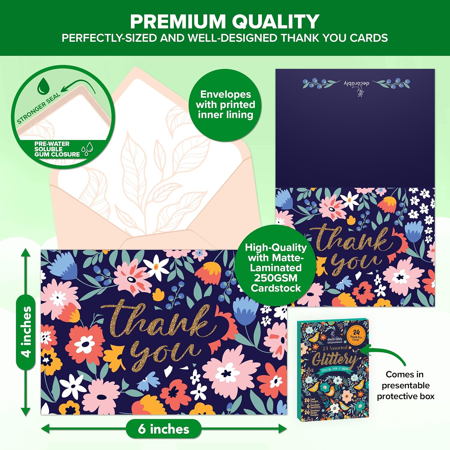 Decorably 24 Pack Glittery 6x4in Assorted Thank You Cards with Envelopes and Stickers, 24 Unique Beautiful Designs Thank You Card Assortment, Blank Inside - Wedding, Baby Shower, Birthday - Image 3