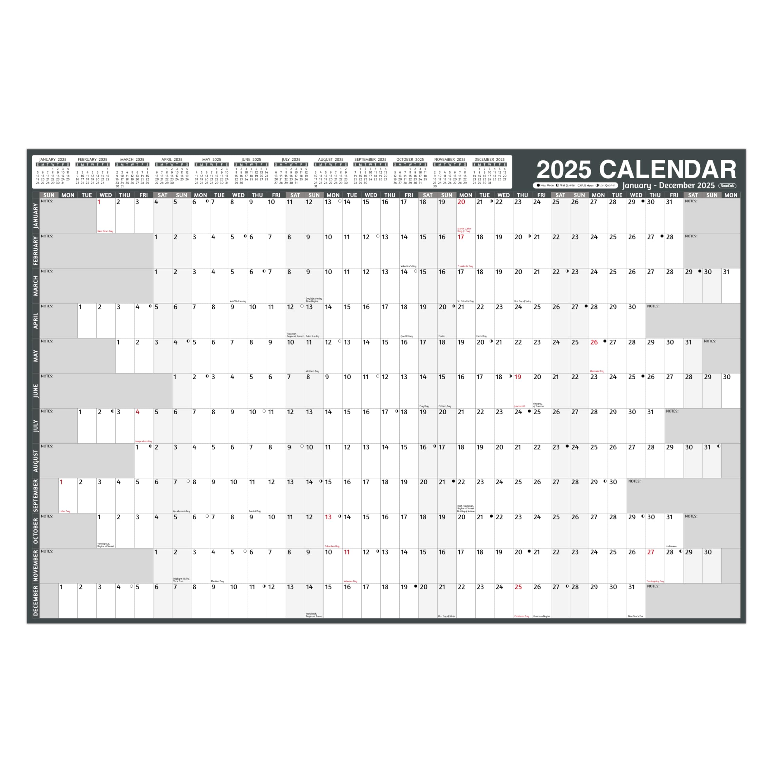 2025 Yearly Wall Calendar - Large Yearly Calendar 2025, Jan 2025 - Dec 2025, 38.2" x 25.2" (Open), 2025 Calendar 12 Month, Yearly Wall Calendar 2025 with Moon Phase, Notes, Thick Paper, Stickers, Grey