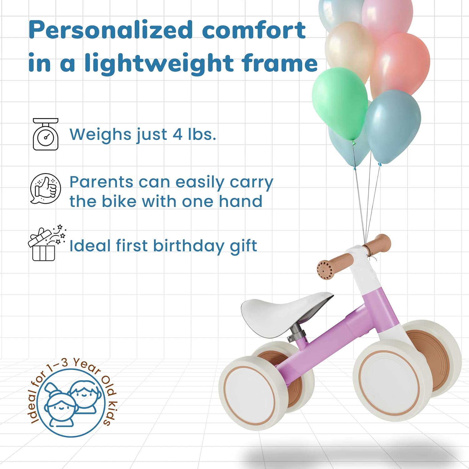 Customized Baby Balance Bike for 1-Year-Old | Lightweight and Safe - No Sharp Edges | Silent Wheels for Smooth & Quiet Rides | Easy-to-Assemble 1st Balance Bike for Toddlers, Pink
