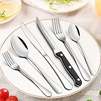 Vista 4 de E-far Juego de cubiertos de 24 piezas con bandeja organizadora y cuchillos para carne, cubiertos de acero inoxidable para 4, utensilios básicos