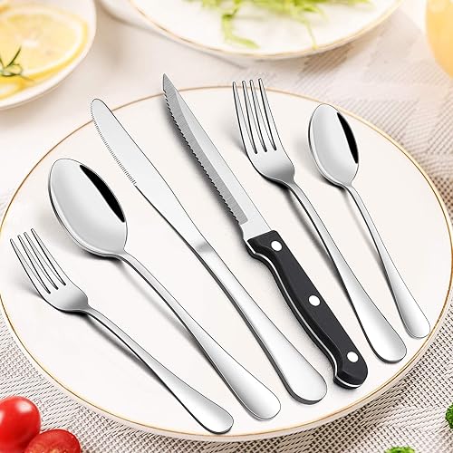 Miniatura 4 de E-far Juego de cubiertos de 24 piezas con bandeja organizadora y cuchillos para carne, cubiertos de acero inoxidable para 4, utensilios básicos