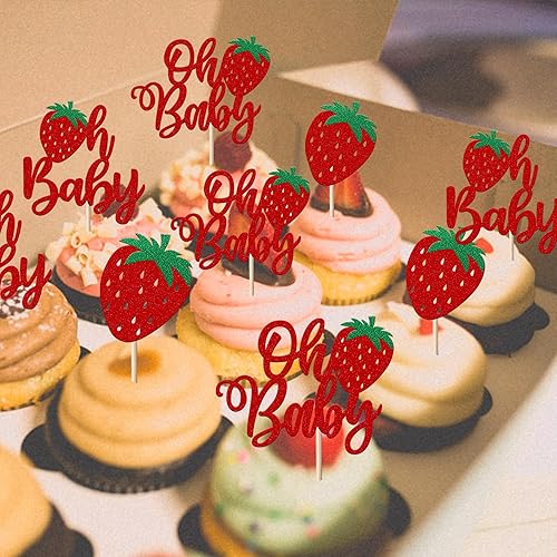 Miniatura 5 de Paquete de 24 adornos para cupcakes Sweet Oh Baby con purpurina de fresa Oh Baby para cupcakes de frutas y bayas, decoraciones para verano, fresa,