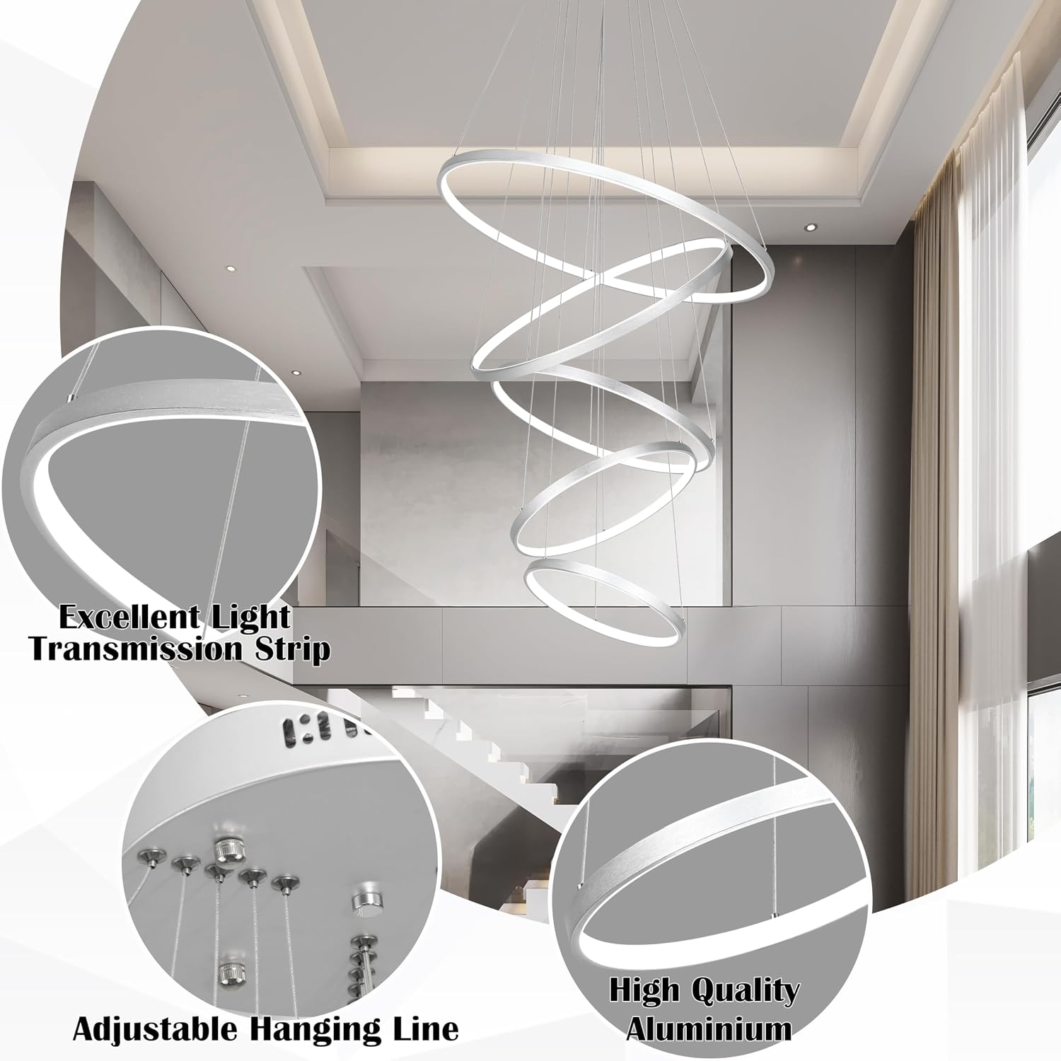 23.6" 5 Rings Modern Nickel Led Chandeliers Dimmable LED Chandelier Light Fixture for Kitchen Island Height Adjustable Led Chandelier for High Ceiling Living Room Entryway Staircase