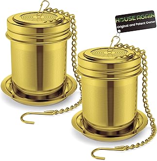House Again 2 Pack Tea Infuser, Extra Fine Mesh Tea Infusers for Loose Tea, 18/8 Stainless Steel Tea Strainer with Extended Chain Hook, Tea Steeper for Brew Tea, Spices & Seasonings-Gold