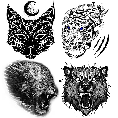Oottati 4 hojas de calcomanías de tatuajes temporales de mano y espalda falsas, impermeables, para Halloween, oso rugido, tigre y león