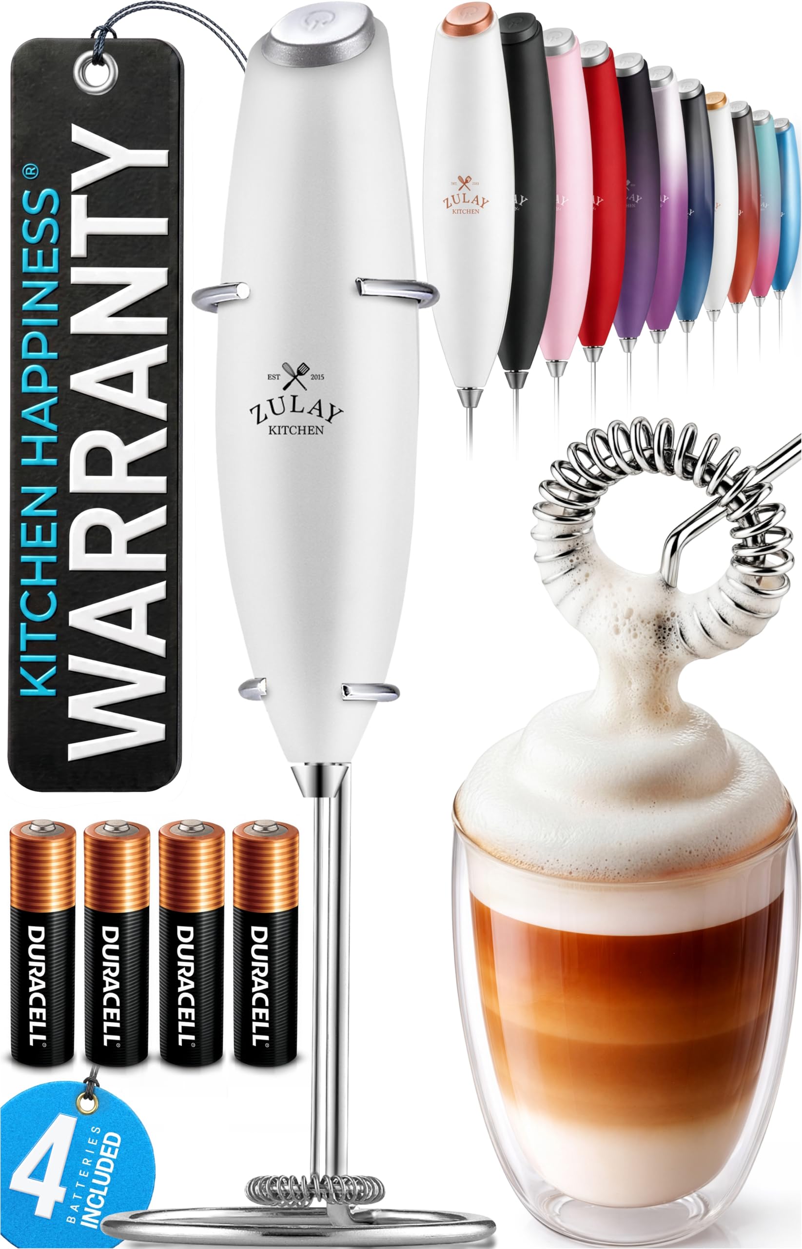 Zulay Kitchen Powerful Milk Frother Wand With Duracell Batteries - Ultra Fast Handheld Drink Mixer - Electric Whisk Foam Maker for Coffee, Lattes, Cappuccino &amp; Matcha - Z1 Motor - Blizzard White
