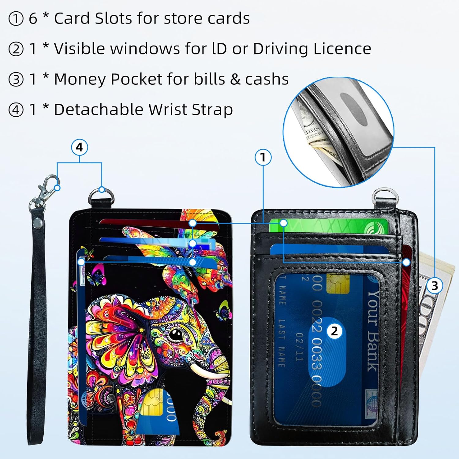 Slim Front Pocket Wallet for Women, RFID Blocking Credit Card Holder Wallet with Detachable Wrist strap, Thin Card Case ID Window Small Card Holder for Unisex, Colorful Floral Elephant - Image 4