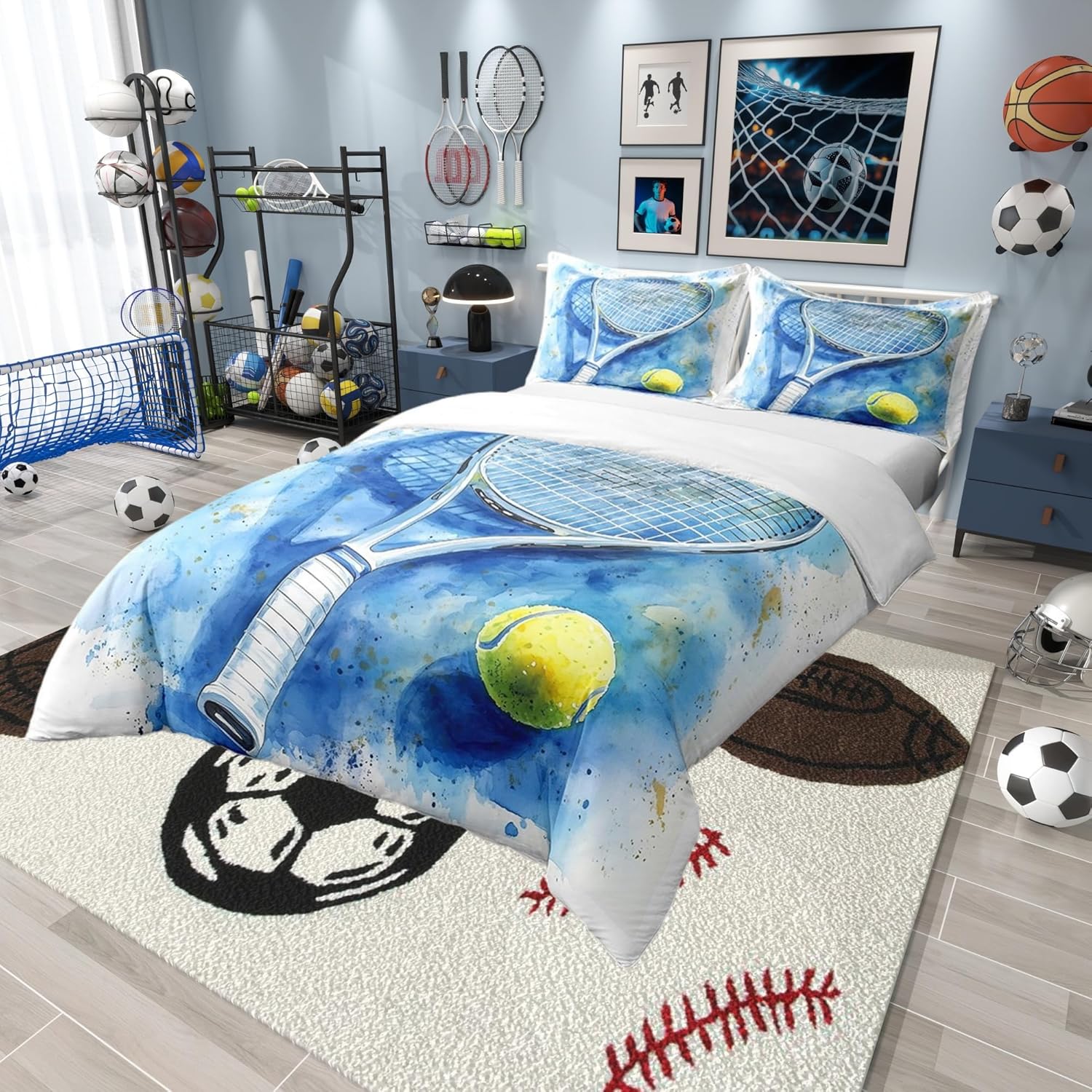 3 Pieces Sport Tennis 100% Nature Cotton Duvet Cover Not Comforter,Tennis Racket and Ball Watercolor Tie Dyed Bedding Set for Room Decor,Boys Men Sport Tennis Lover All Season Bedding Queen Size