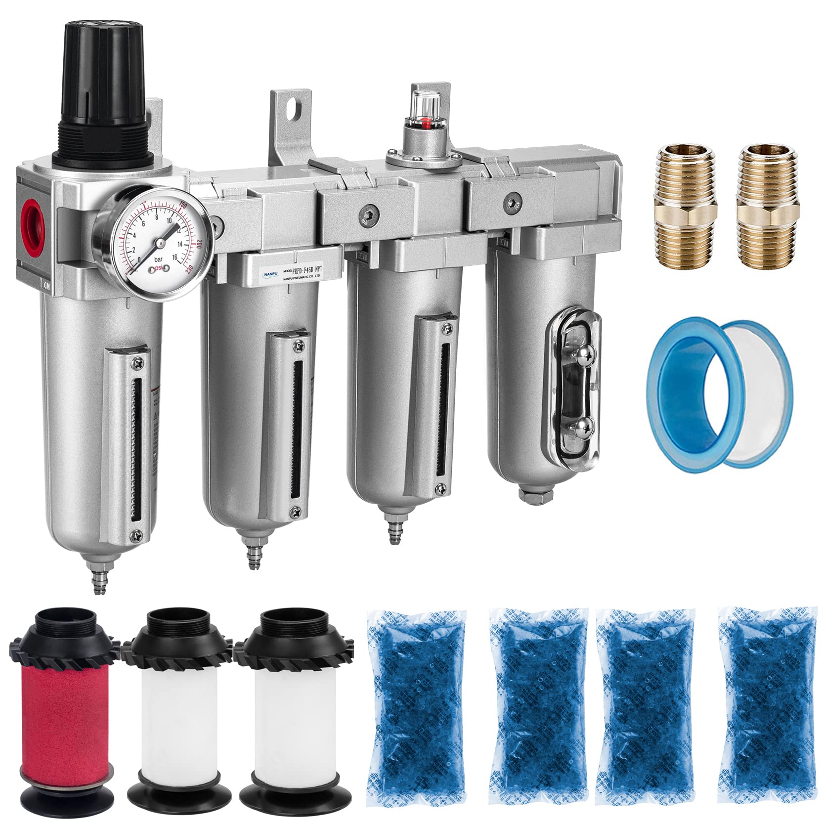 NANPU 1/2" NPT Industrial Grade 4 Stage Air Drying System - Double Particulate Filters, Coalescing Filter, Desiccant Dryer & Air Regulator, Metal Bowl