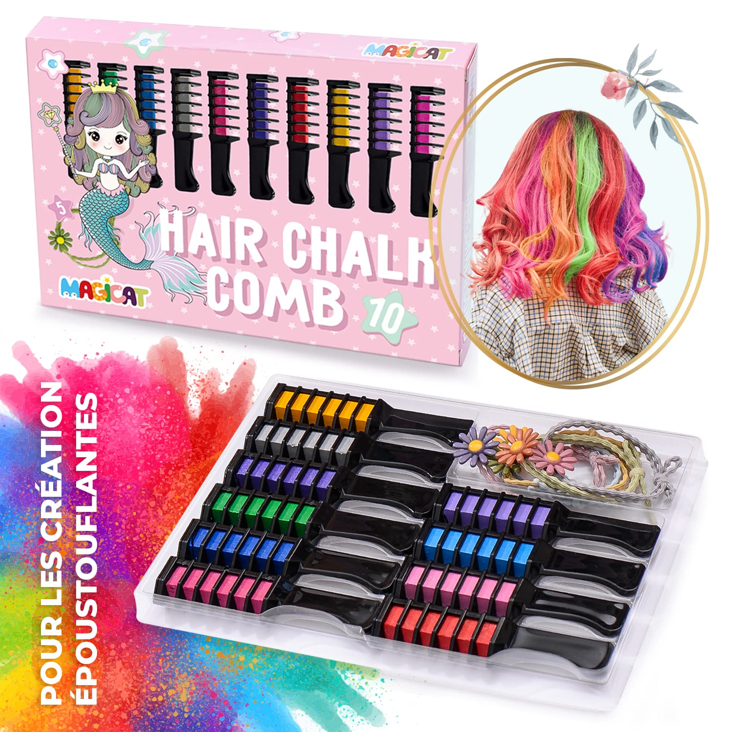 Magicat PEIGNE À CRAIE POUR CHEVEUX Set - 10 couleur de cheveux pour enfants et 5 élastiques I Pour anniversaire ou cadeaux pour filles I Couleur lavable I Accessoires de cheveux