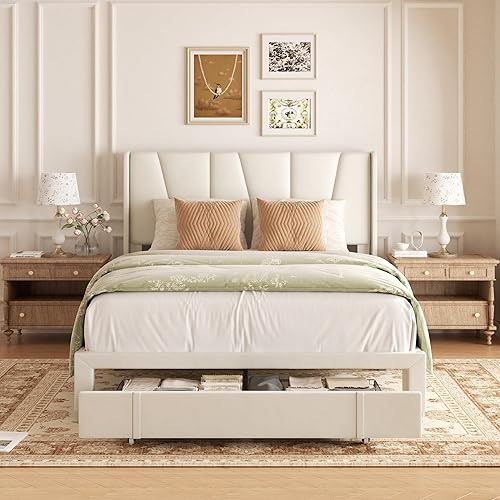 Miniatura 3 de Marco de Cama Queen con Cajones de Almacenamiento, Cama de Plataforma Tapizada Tamaño Queen con Cabecera de 47" de Alto y Respaldo Lateral, No