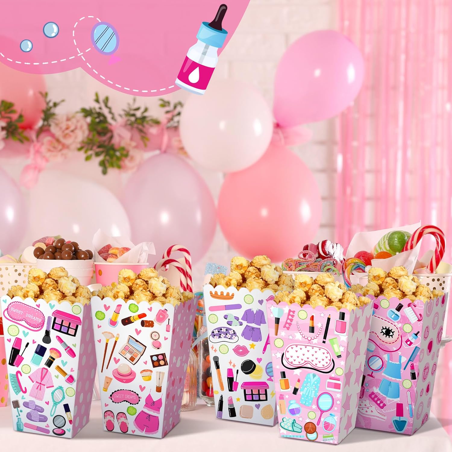 Gueevin 60 Pcs Sleepover Popcorn Boxes Women Makeup Spa Storage Holder Party Container for Birthday Gift Wedding Pajama Slumber Sleepover Party Supplies
