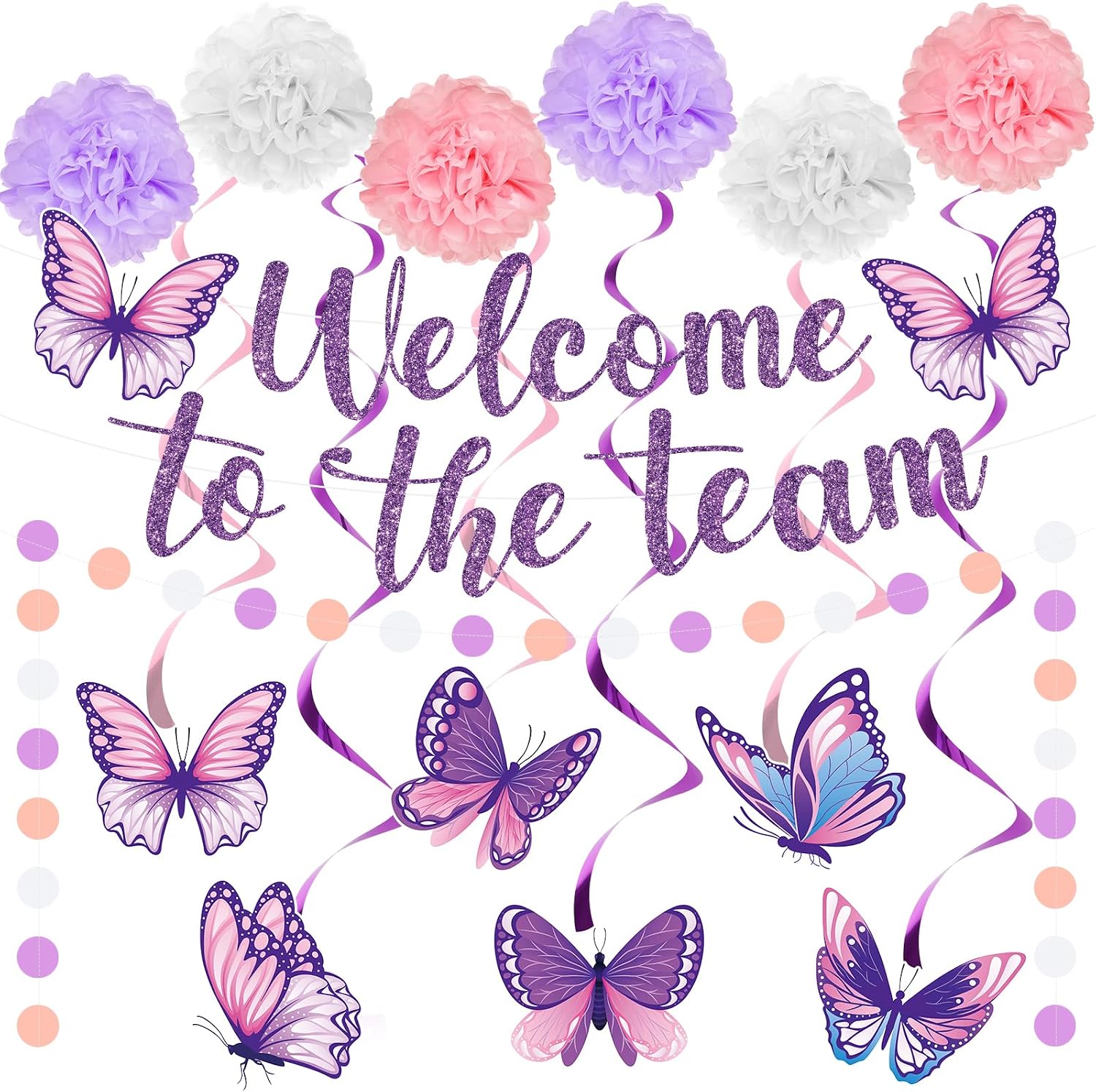14pcs Welcome To The Team Party Decorations for Women, Butterfly Welcome To The Team Banner Hanging Swirls Circle Dot Garland Pompoms for Back to Work Office Decorations Supplies - Purple