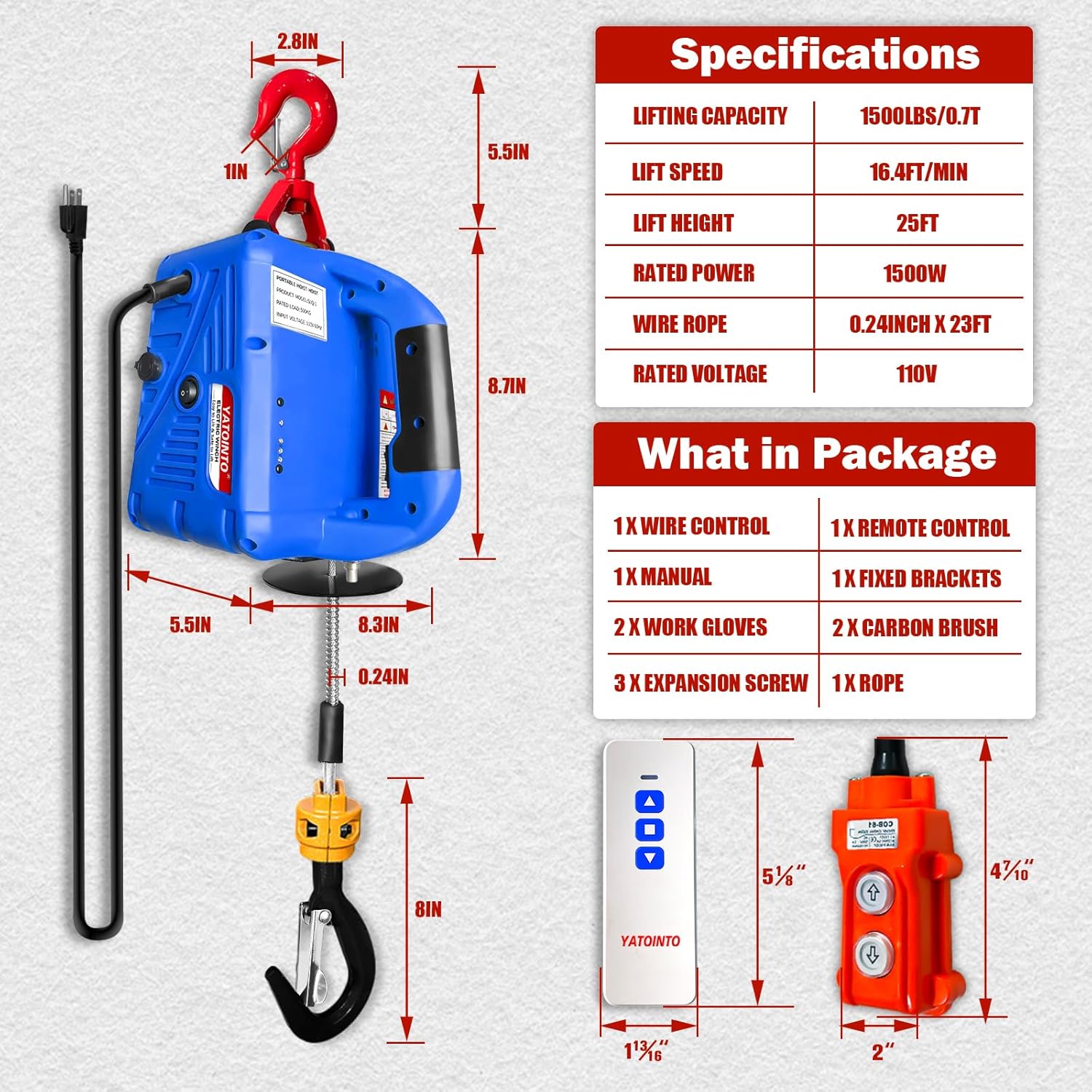 3 in 1 Electric Hoist Winch,1500 Lbs Portable Electric Power Winch,Electric Hoist 110 Volt,Wired and Wireless Remote Control,25ft Lifting Height for Garage,Factories,Warehouses