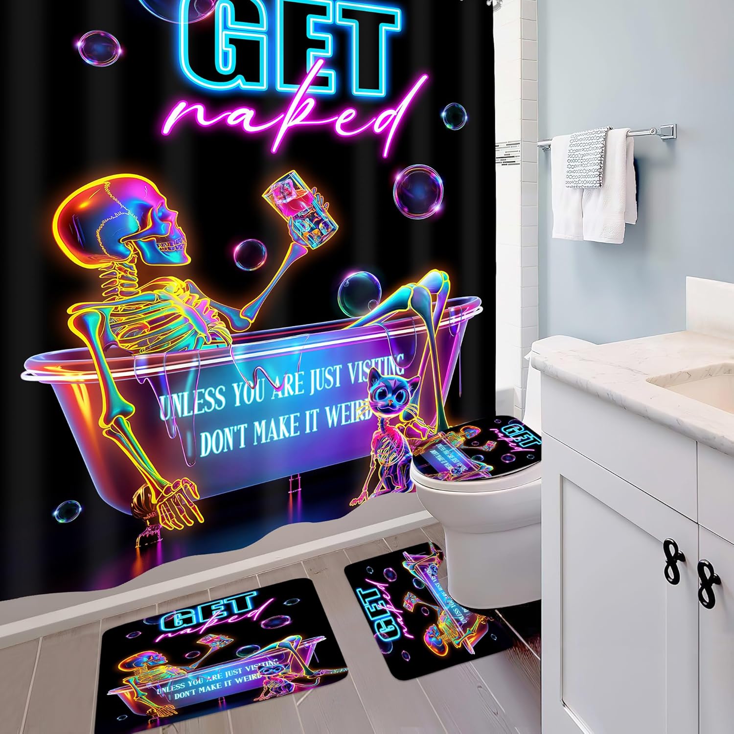 4 PCS Funny Skeleton Skull 72Wx72H Shower Curtain Set Halloween Bathroom Set Neon Goth Spooky Cool Unique Bath Rug Toilet Lid Cover U Shape Mat Accessories Bathroom Decor with 12 Hooks