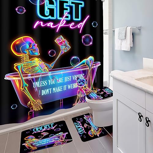 Miniatura 3 de Juego de 4 cortinas de ducha divertidas de calavera de esqueleto de 72 pulgadas de ancho x 72 pulgadas de alto, juego de baño de Halloween, juego de