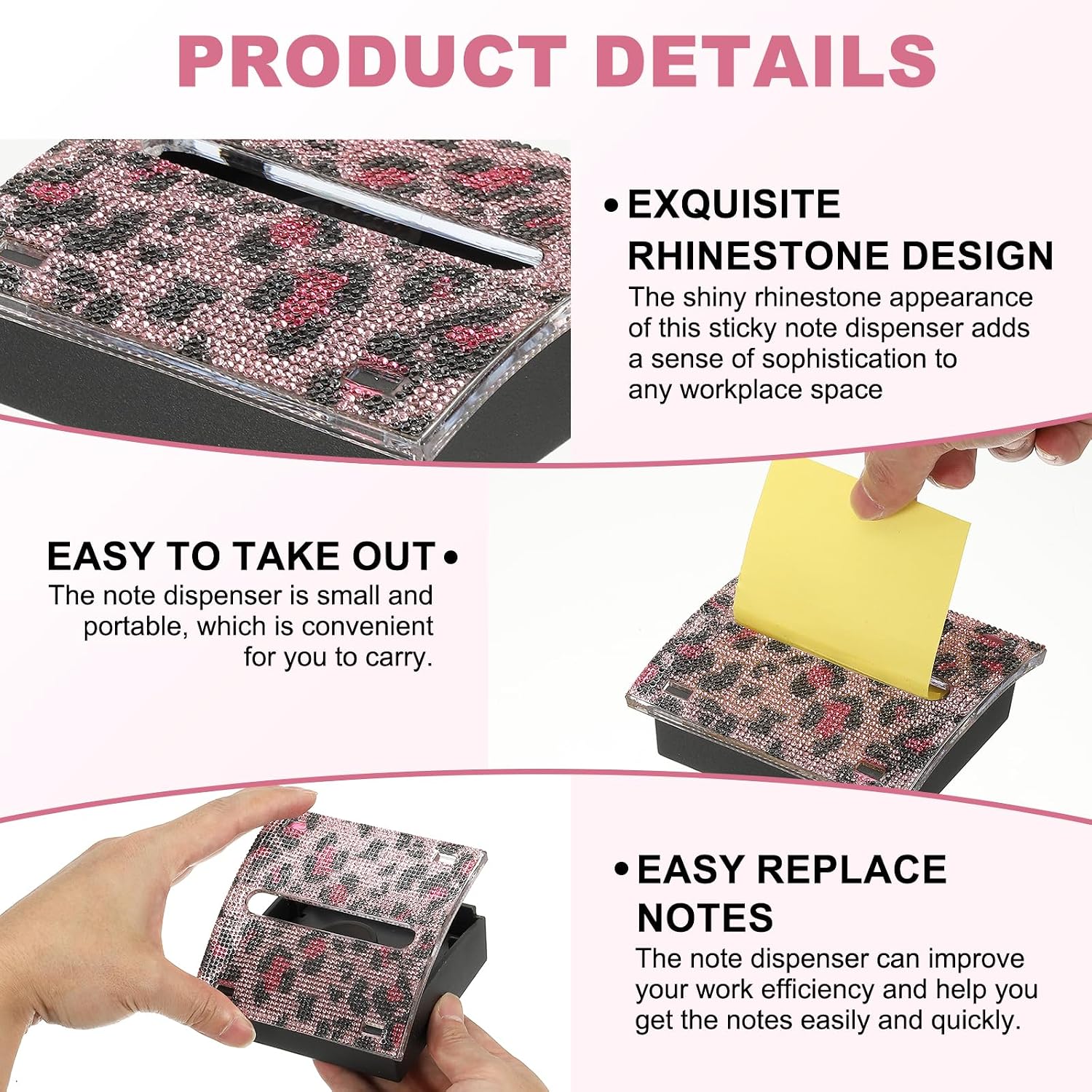 PATIKIL Leopard Print Rhinestone Sticky Note Dispenser, 2Pcs 3x3 Sticky Note Holder Acrylic Posted Notes Memo Note Container Dispenser for Sticky Notes Office Home Store Kitchen, Pink