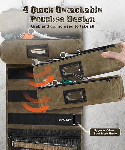 Miniatura 3 de ARCFOX Bolsa de herramientas enrollable de lona encerada al óleo vintage, 25 bolsillos con 5 bolsas grandes desmontables+1 rollo de herramientas,