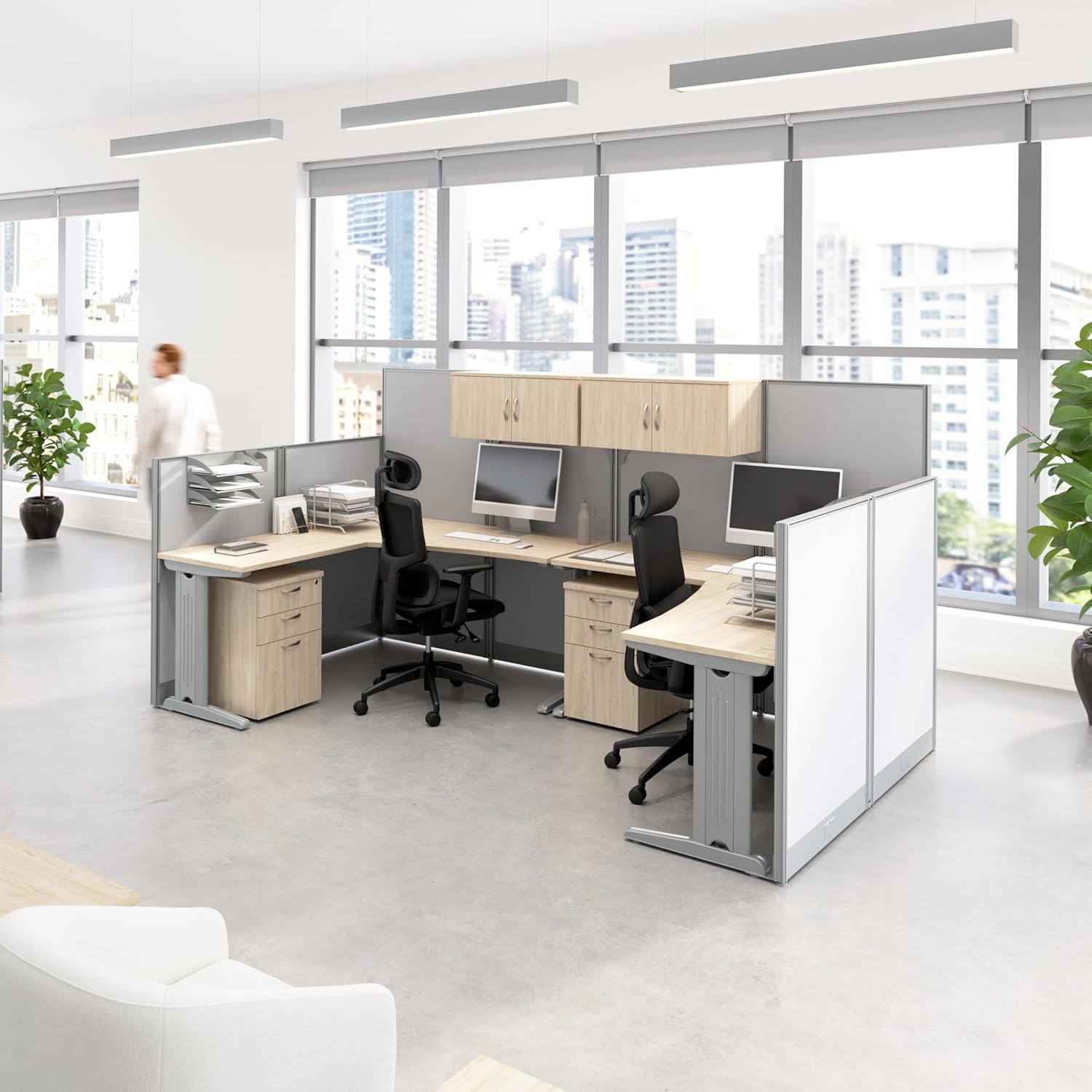 Bush Business Furniture 2 Person L Shaped Cubicle Desks with Storage, Drawers, and Organizers, Office in an Hour Collection, Natural Elm