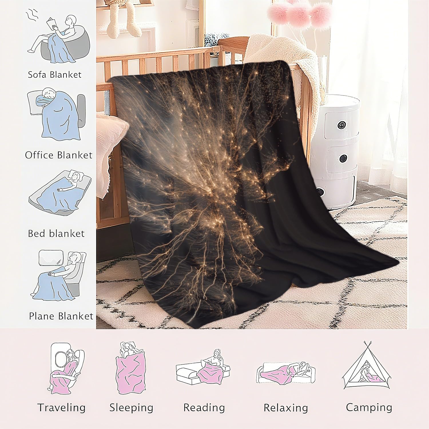 Genérico Manta de Franela Manta de Cama de Doble Cara y Extra Gruesa Frazada de Sofá Ligera y Suave al Tacto Invierno Mullida y Térmica 150 x 200 cm Amarillo Estético Paisaje Lámpara