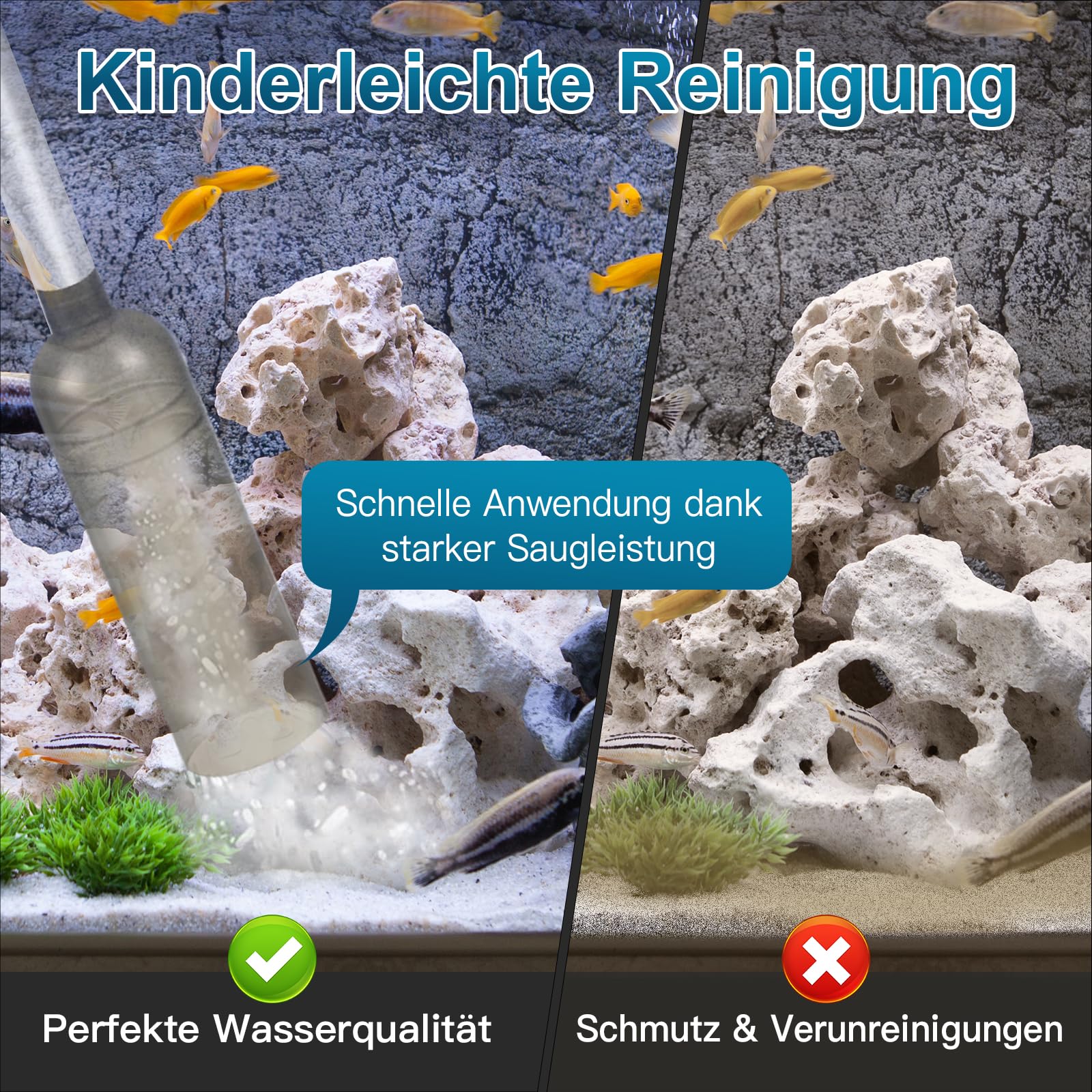 Mulmsauger Aquarium Sauger mit 5 Aufsätzen - Aquarium Wasserwechsel mit Pumpe und Schlauchventil, Aquarium Reinigungsset für Kiesreiniger & Bodenreiniger - Zubehör Für kleine & große Aquarien