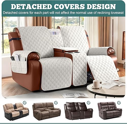 Miniatura 3 de Ruaozz Funda impermeable para sofá biplaza reclinable con consola, funda antideslizante para sofá reclinable dividido, con correas elásticas,