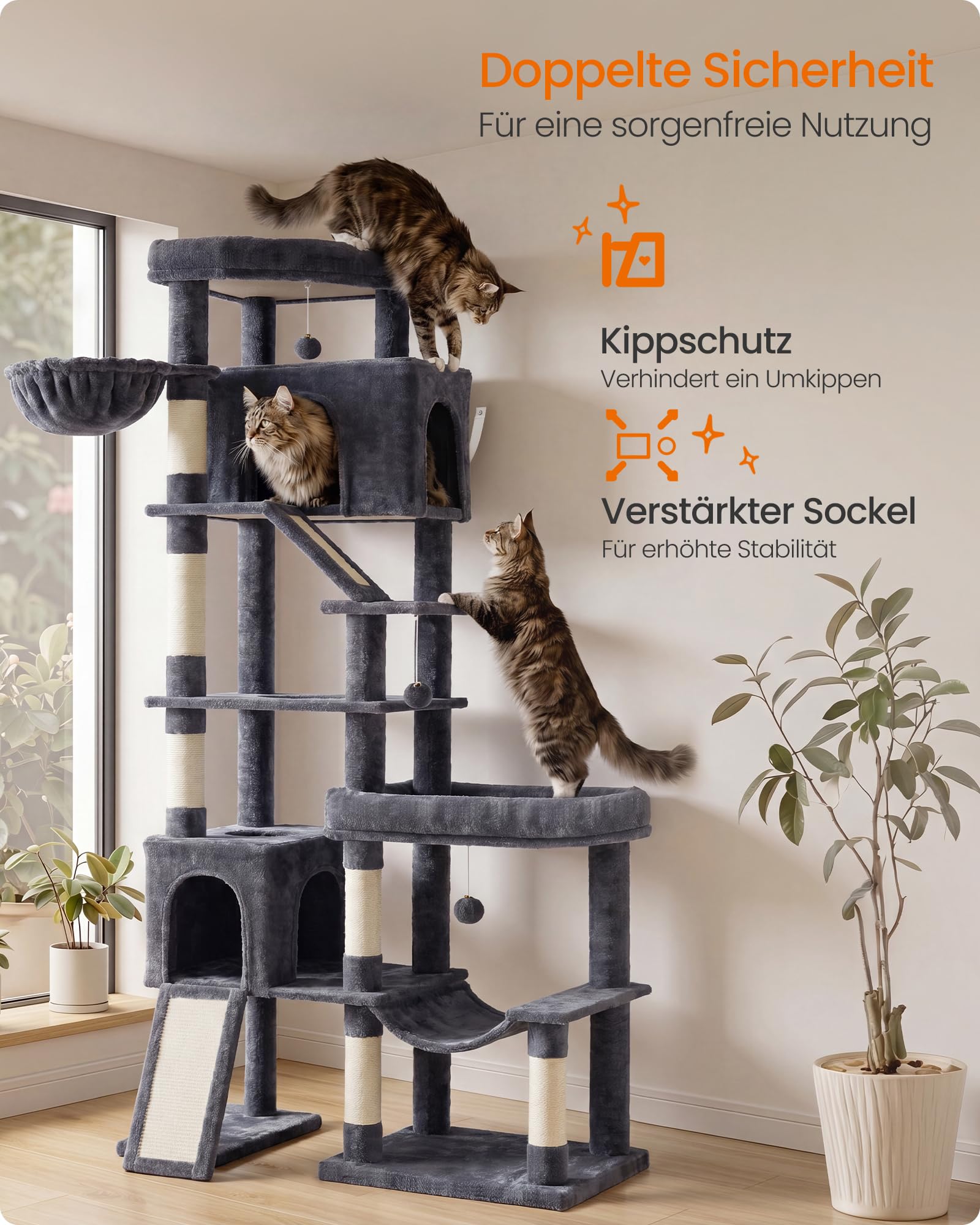 Feandrea Kratzbaum groß, Katzenbaum XXL, 6 Sisalstämme und Plüsch, 2 Kratzbretter, 6 Ruhebereiche, 105 x 45 x 202 cm, Dunkelgrau, für Große Katzen, Clawfy Kollektion PCT020G201