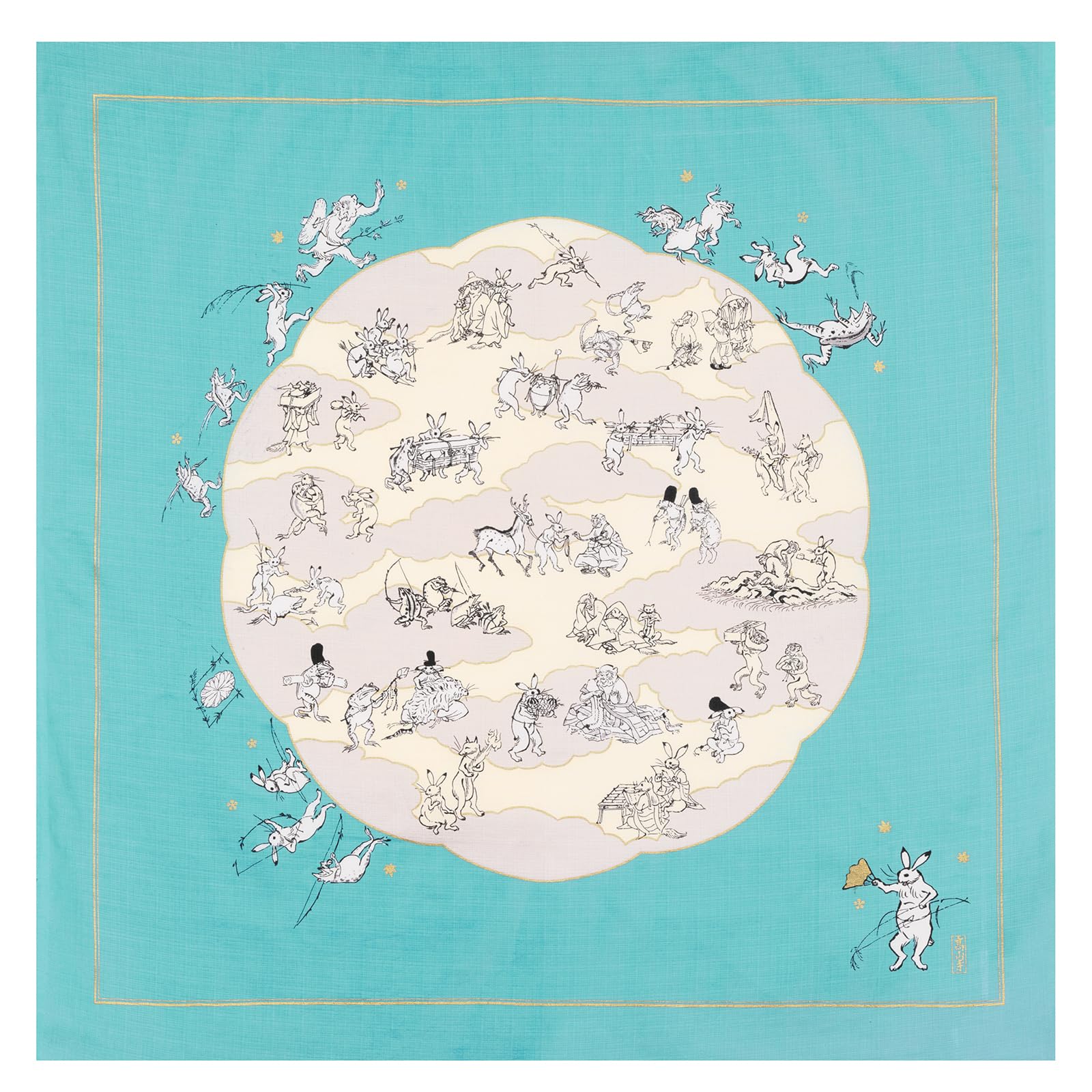 Musubi Furoshiki 39in Turquoise Animals Caricature Organic Cotton Japan