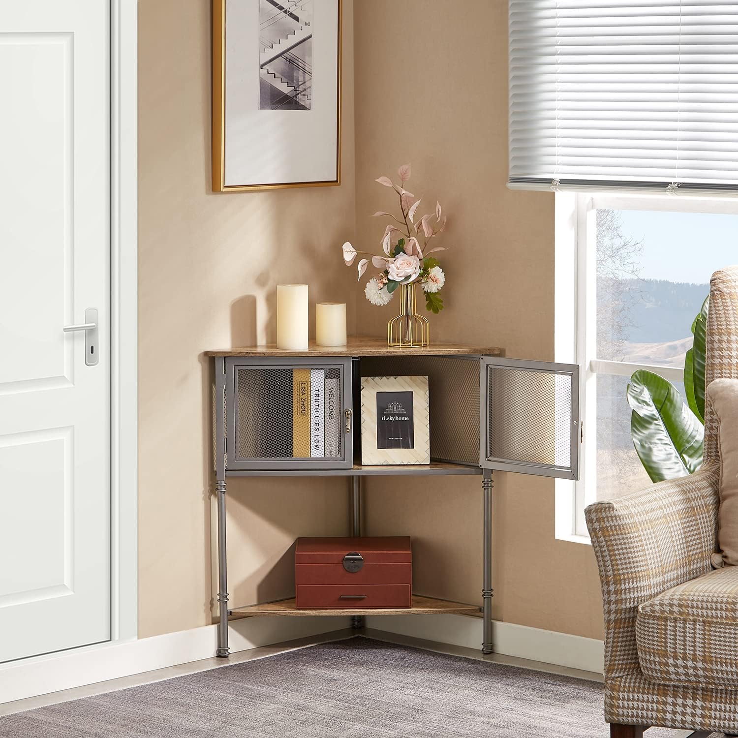 VECELO Corner Cabinet/Table, 3-Tier Display Shelves with Protection Door, Metal Frame Storage Shelf Organizer for Small Space, Living Room, Kitchen, Bathroom