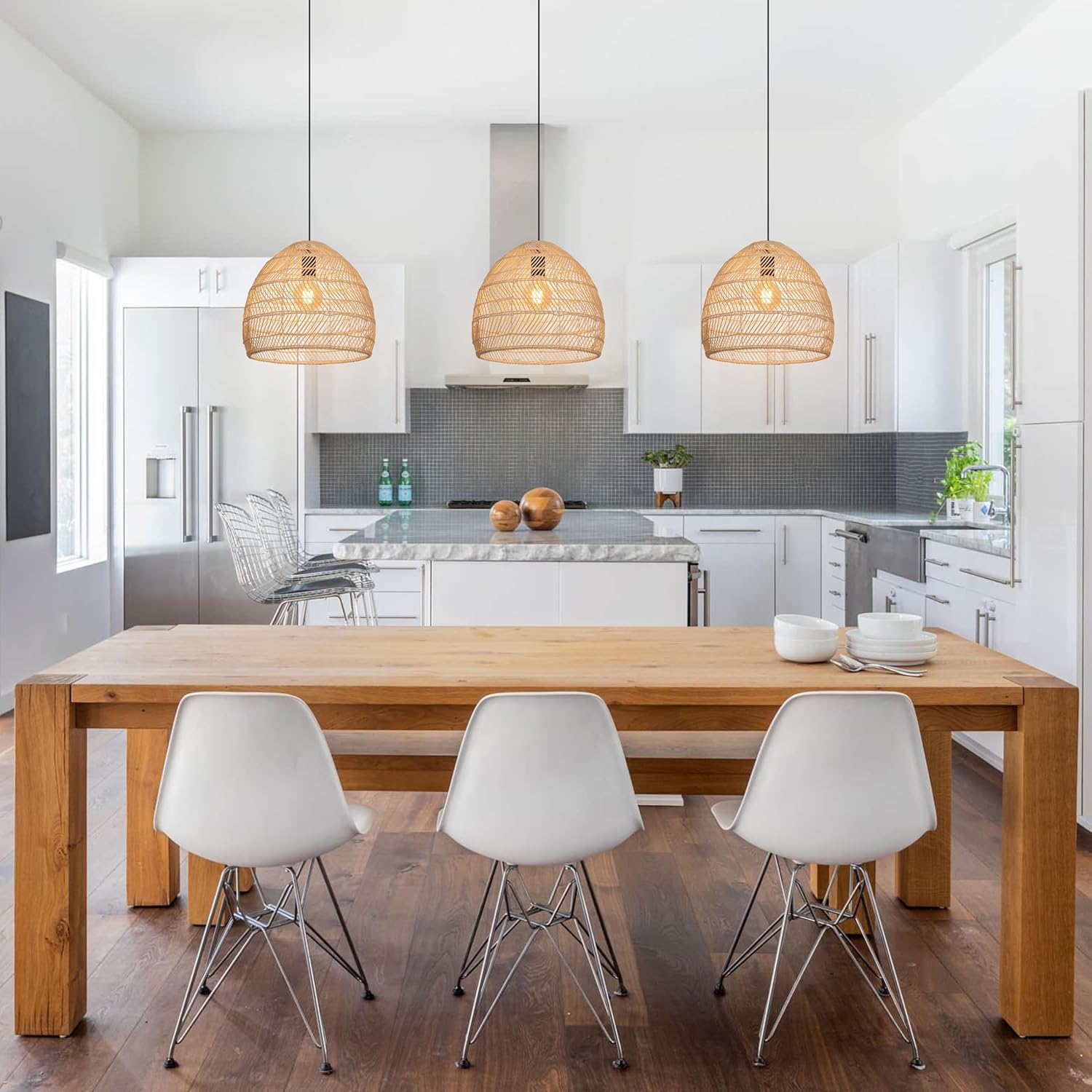 13.7" Boho Rattan Chandelier Light Fixture, 1-Light Hand Woven Small Pendant Lights Kitchen Island Wicker Farmhouse Rustic Hanging Lamp for Dining Room, Bedroom, Living Room, Entryway, Foyer