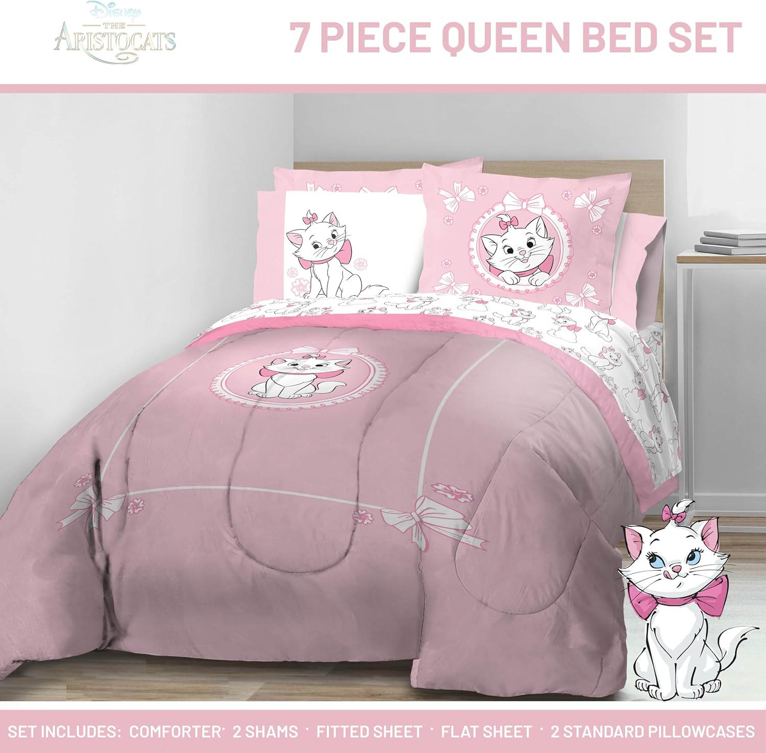 Disney Aristocats Marie Queen Comforter Set - 7 Piece Bedding Includes Sheet Set & Pillow Covers - Super Soft Cozy White Kitty Bedding - Image 2