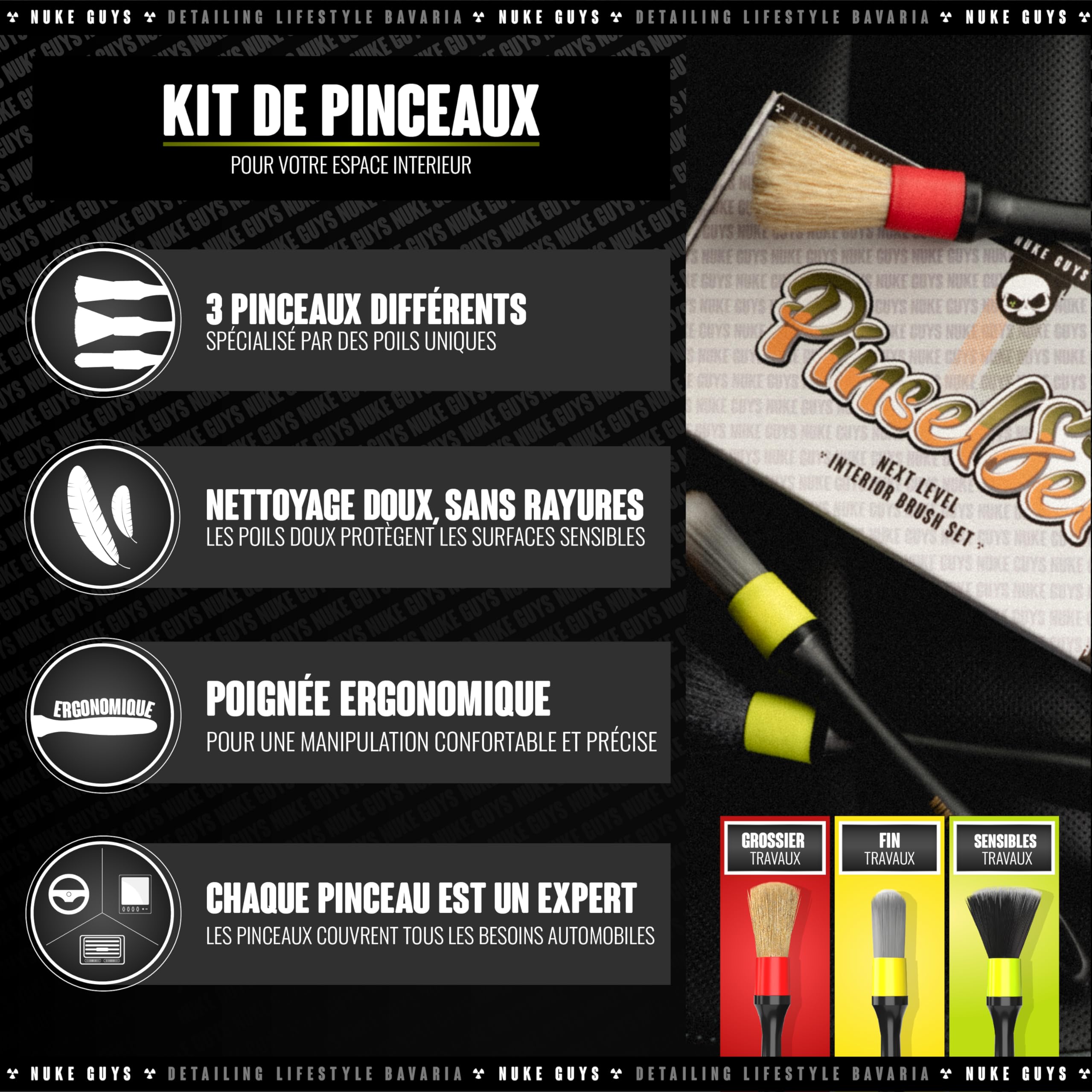 Nuke Guys Kit de nettoyage pour l'intérieur de voiture | Nettoyant pour intérieur 500 ml + gant de nettoyage + 3 brosses de nettoyage + tampon de gommage | Ensemble d'entretien pour l'intérieur de