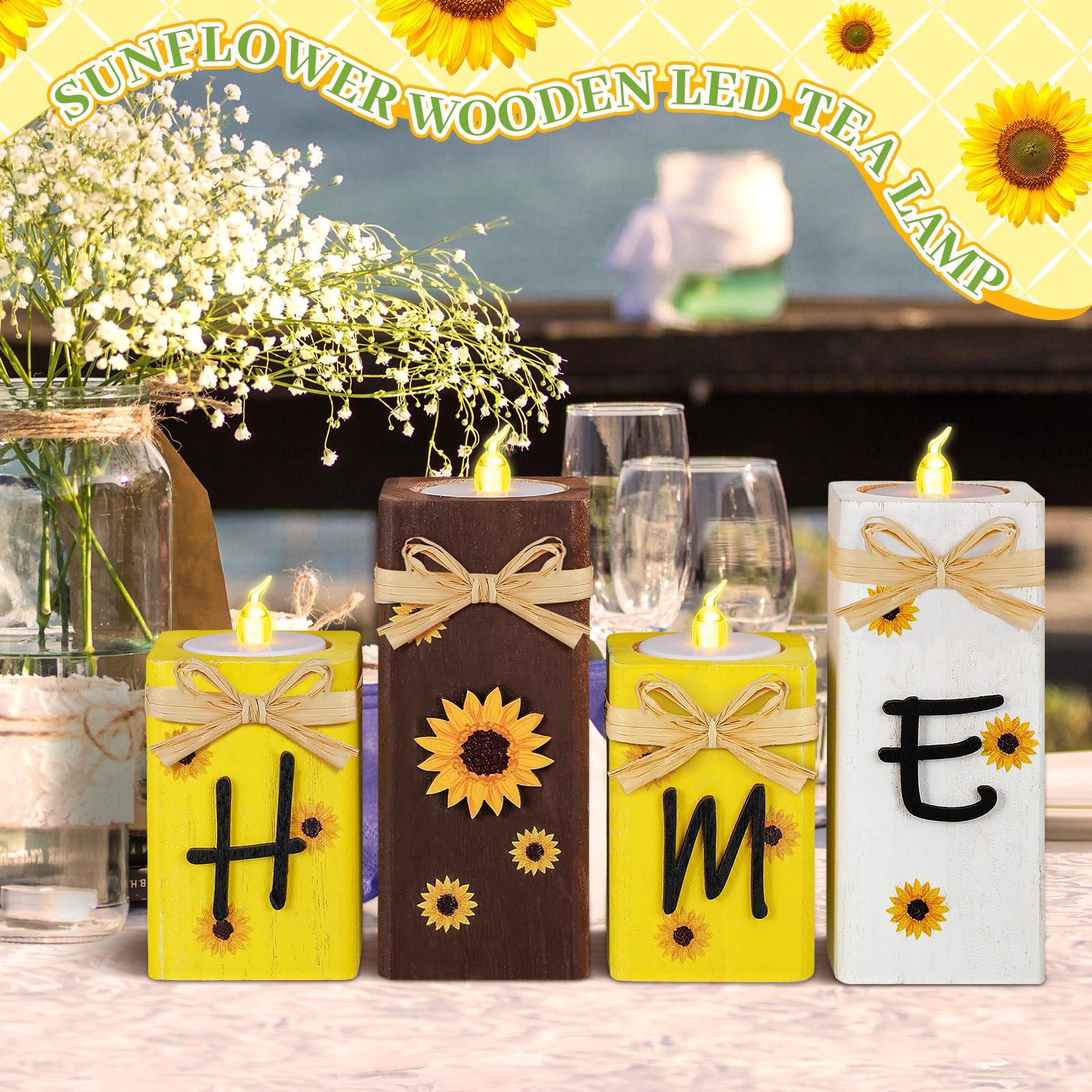MiniInflat Set of 4 Summer Sunflower Home Letter Filled Candlestick Sets, Wooden Tea Light Candlestick Gifts for Women, Summer Warm Romantic Candlestick Candlestick Decoration for Wedding Banquet