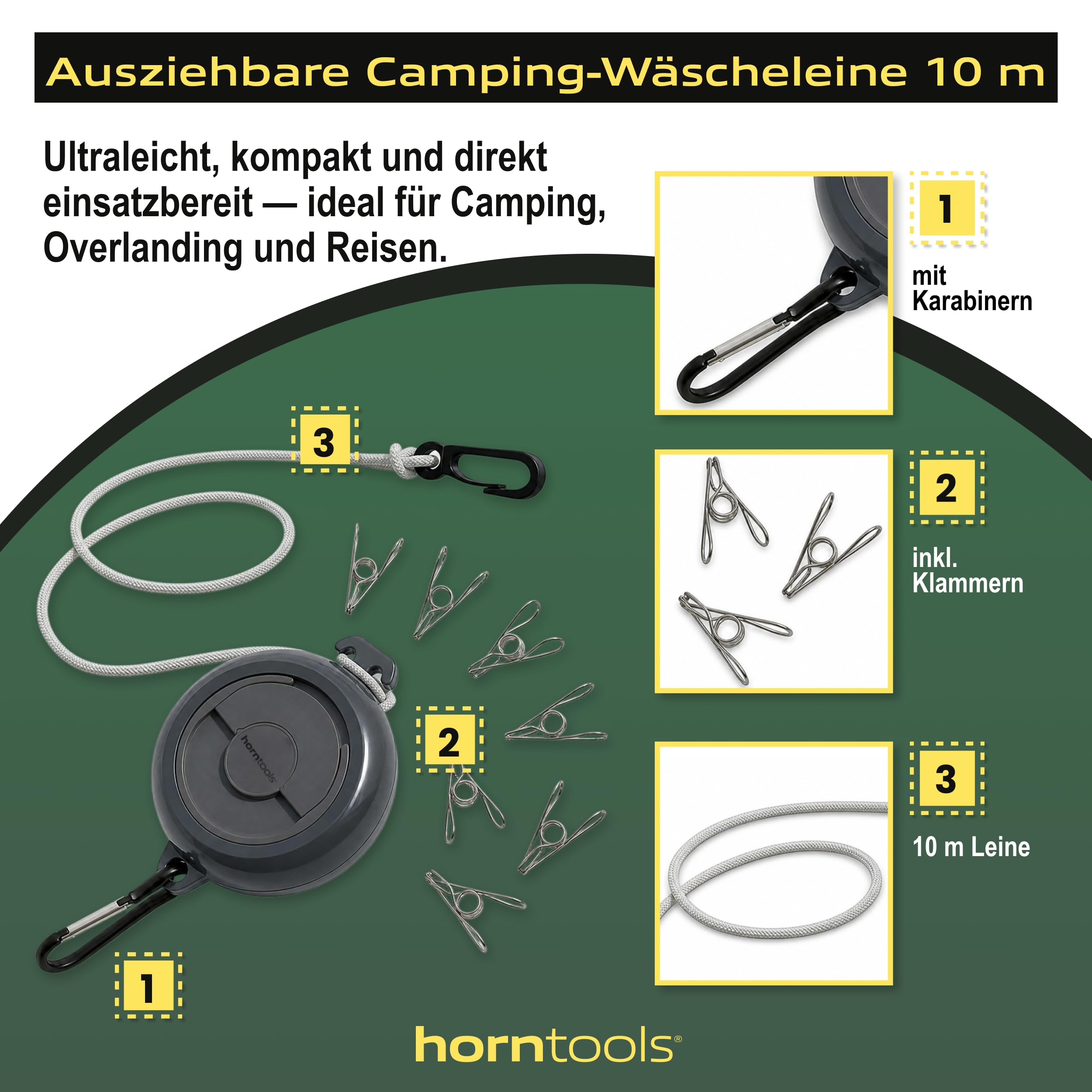 HORNTOOLS Camping Wäscheleine Ausziehbar 10m - Reisewäscheleine mit Klammern - Reisezubehör für Wohnwagen, Wohnmobil, Reisen & Overlanding - 20 Edelstahlklammern, Abstandshalter, Karabiner, 255g