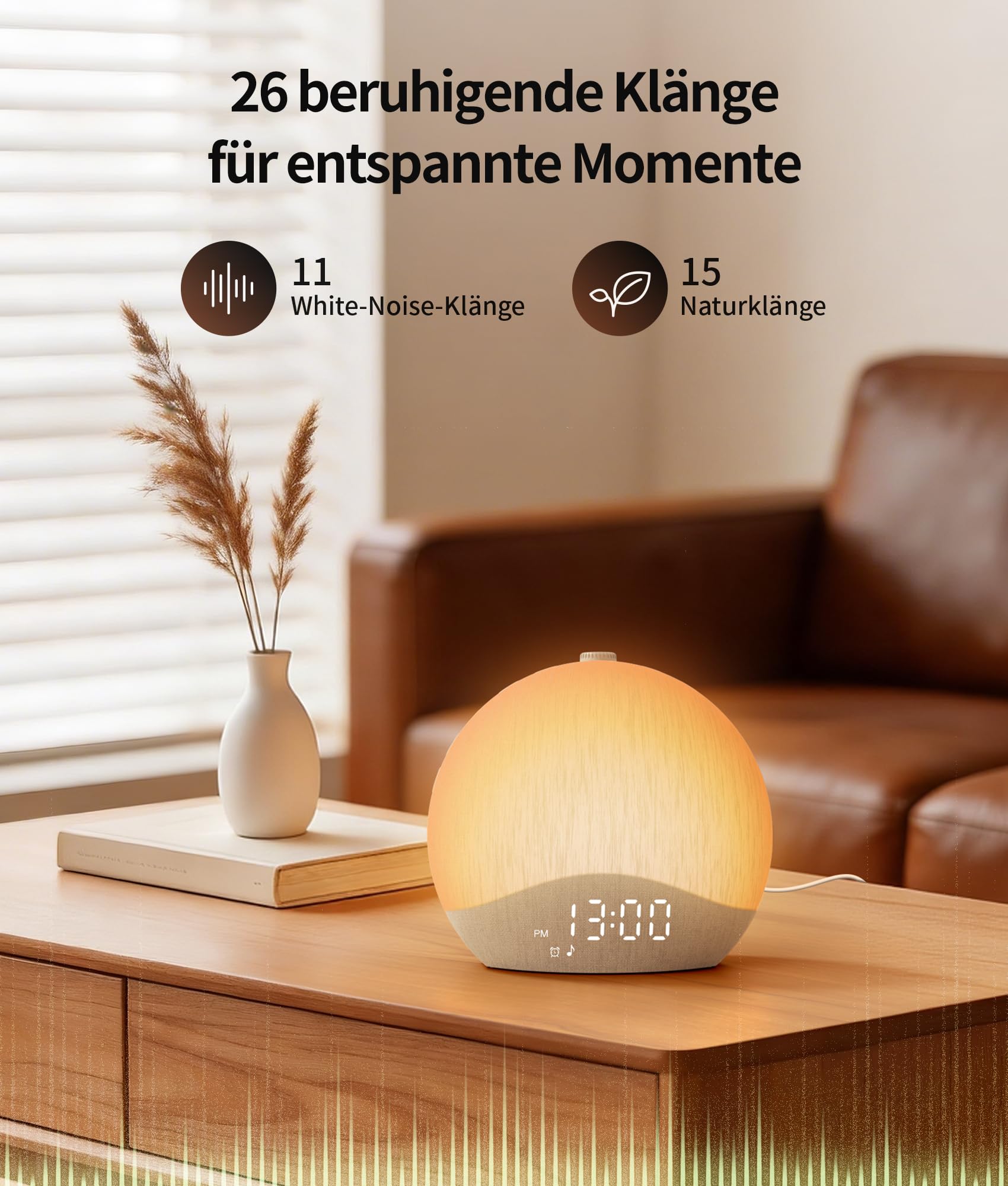 ecozy Tageslichtwecker, Bluetooth-Zeitsynchronisierung, Lichtwecker | 26 Schlafklänge, 17 Nachtlichter, Weißes Rauschen, Baumwoll-Leinen, Sonnenaufgang Wecker für Tiefschläfer/Kinder/Schlafzimmer