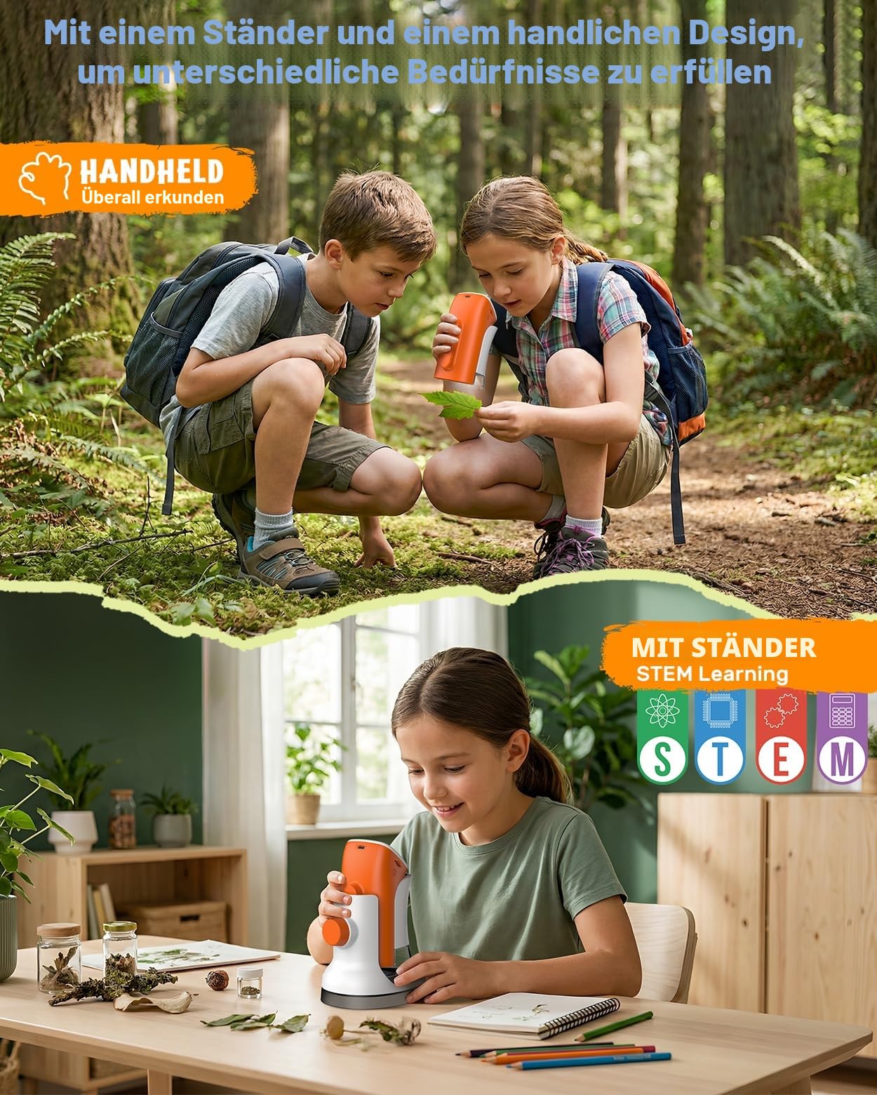 Mikroskop für Kinder mit Stand: Digitales Handmikroskop 100 – 1000 x: LCD-Display 4 K, 2,0 Zoll, USB, tragbar, Taschenmikroskop, mit wissenschaftlichen Kits, 15 Folien, 32 GB Speicherkarte