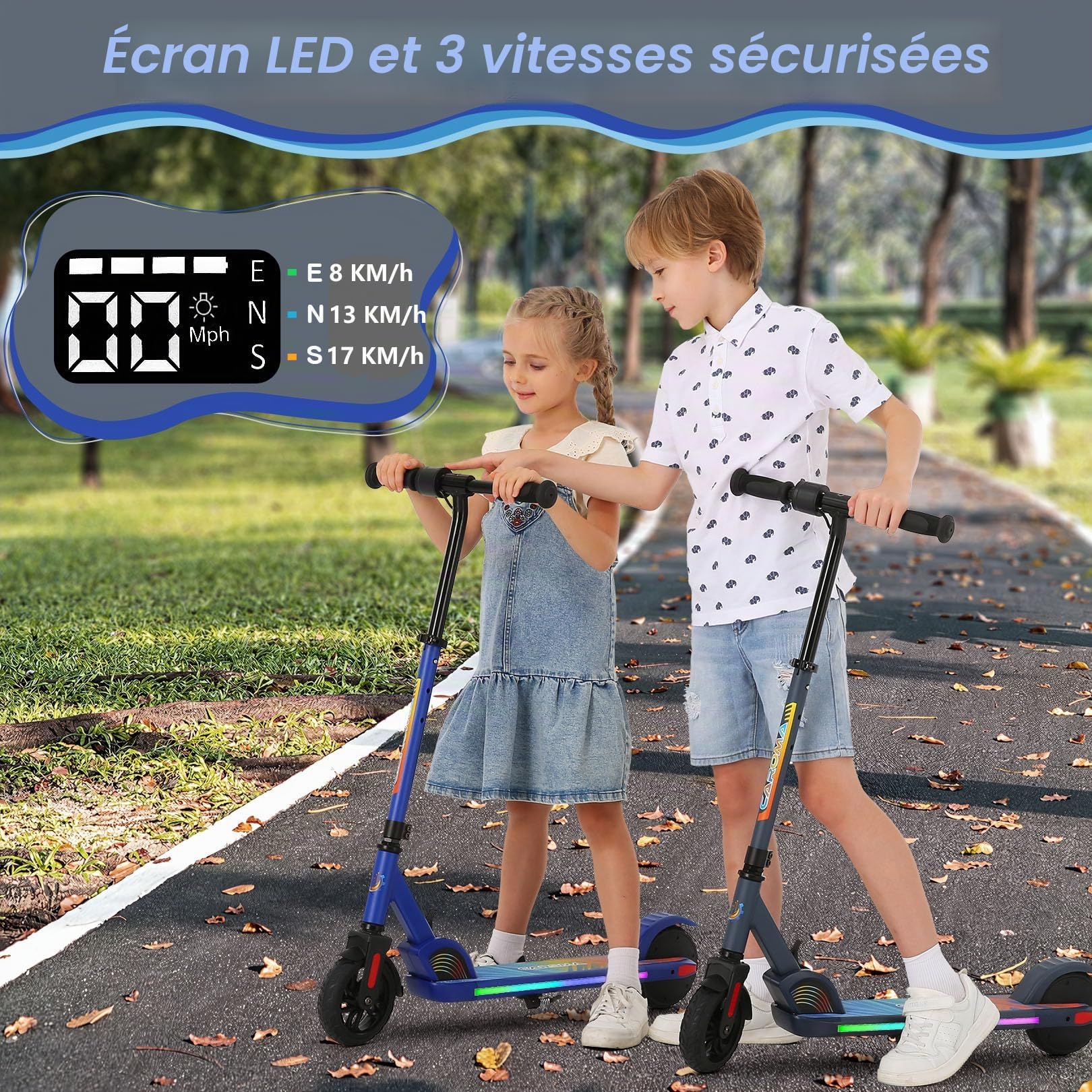 CAROMA Trottinette Electrique(8-10-12Ans), Trottinette électrique Pliable pour Enfants, Autonomie Max 6 KM, Max 16 KM/H, Moteur 150W, Vitesse et Hauteur Réglables, Cadeau pour Enfants et Adolescents