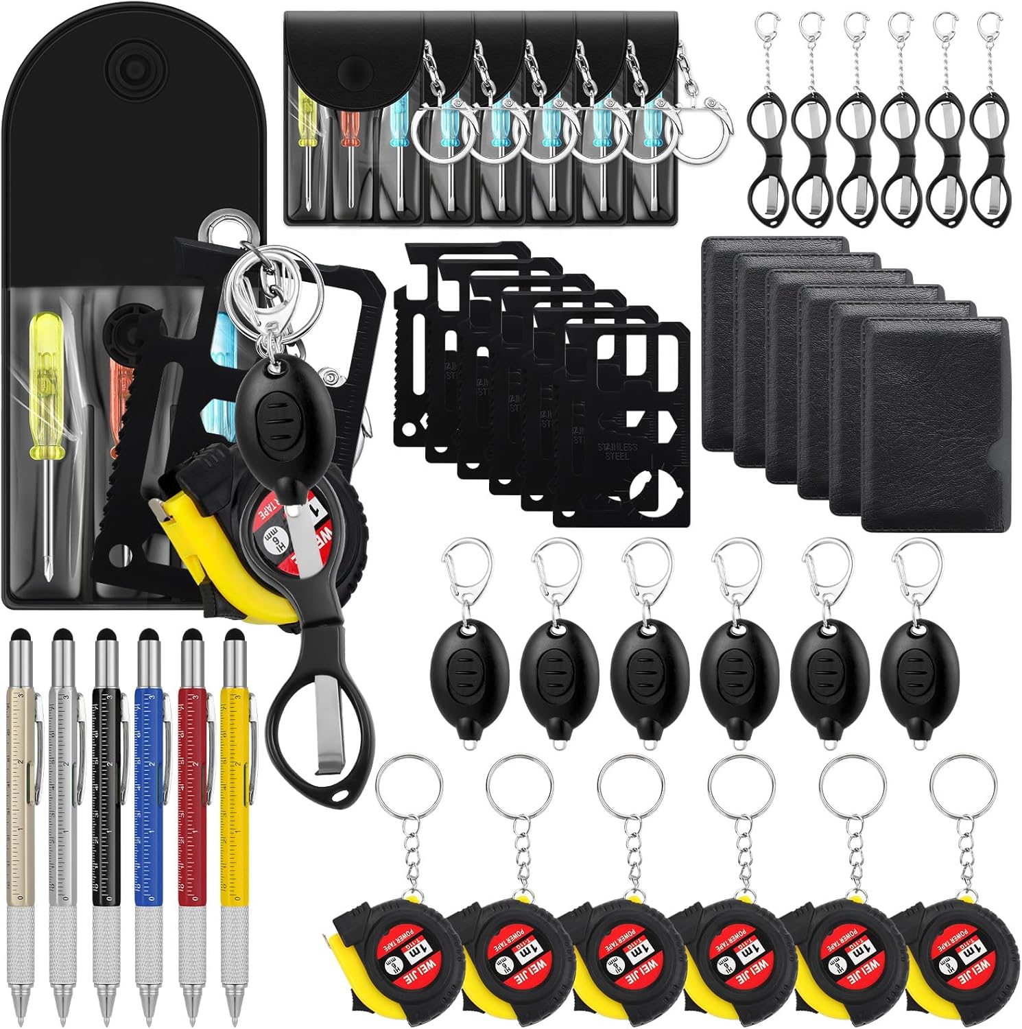 36 Pcs Mini Tape Screwdriver Keychain Set Valentine's Day Men Gifts Bulk Measuring Multitool Pen Card Tool LED Lights Keychain Safety Scissors for Adult Men Dad