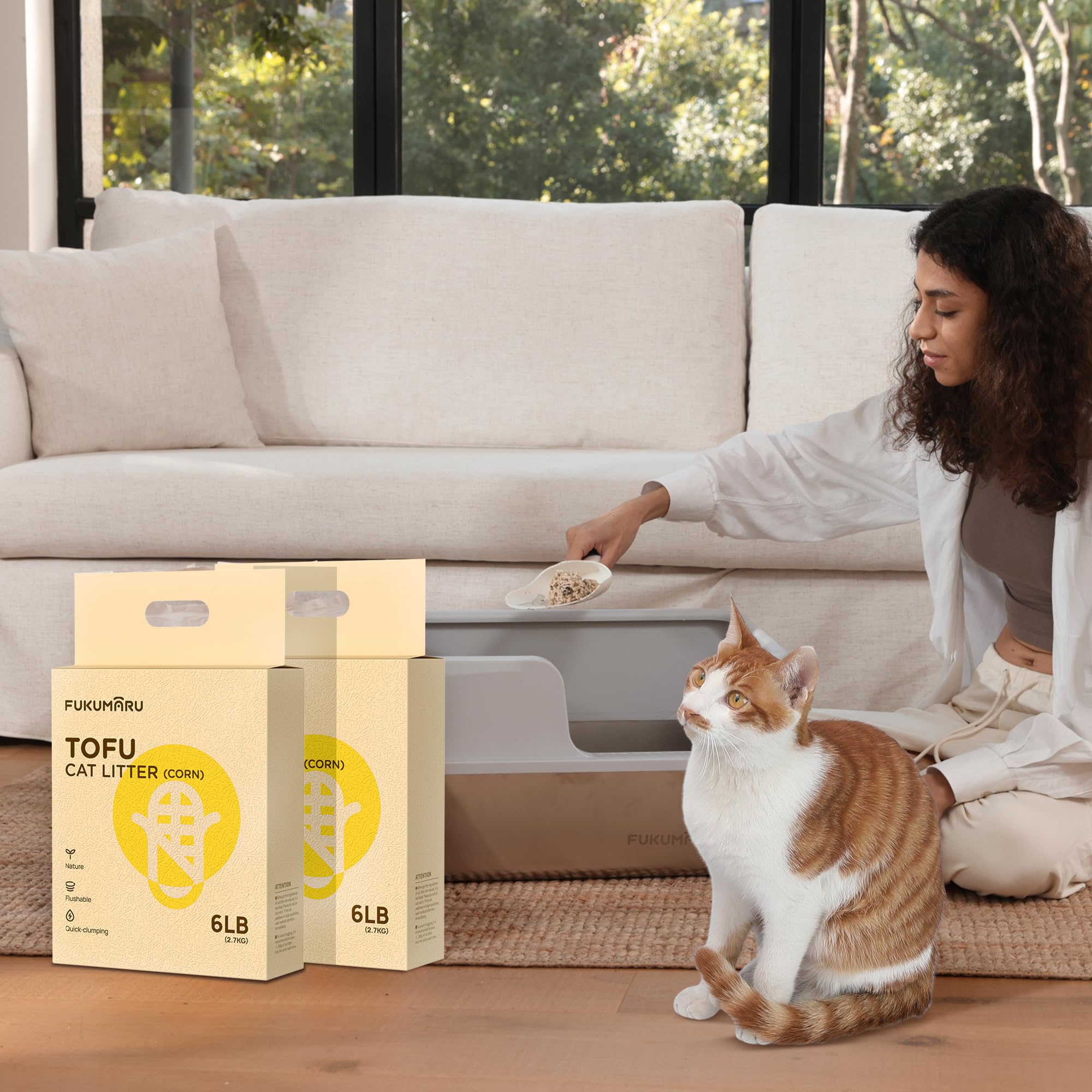 FUKUMARU Lettiera per Gatti al Tofu- 24L, Lettiera Agglomerante Naturale di Mais e Fagioli, Senza Polvere, Biodegradabile, Agglomerazione Rapida,Controllo Odori Efficace,Smaltibile nel WC.