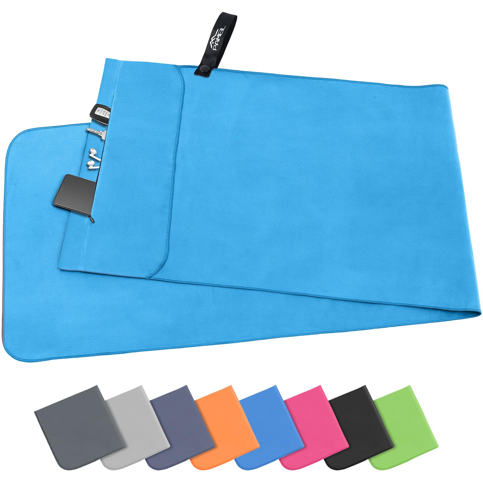 Pameil Asciugamano Microfibra, 120x50cm Asciugamano Palestra, Leggero & Assorbente Telo Palestra Microfibra Con Tasca Con Cerniera per Viaggi, Spiaggia, Yoga, Sauna